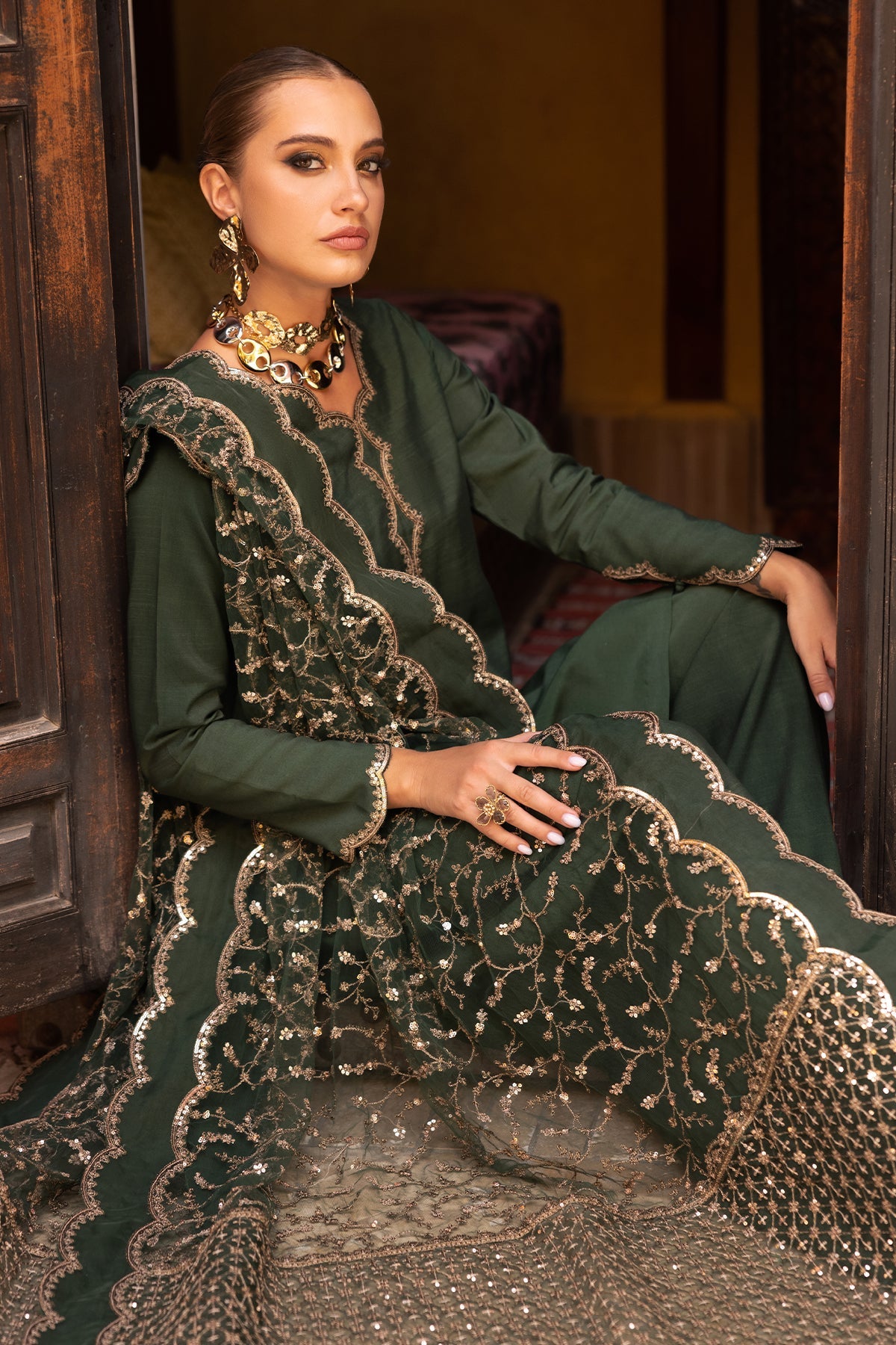 3-PC Embroidered Raw-Silk Suit CMA-5-139 GREEN