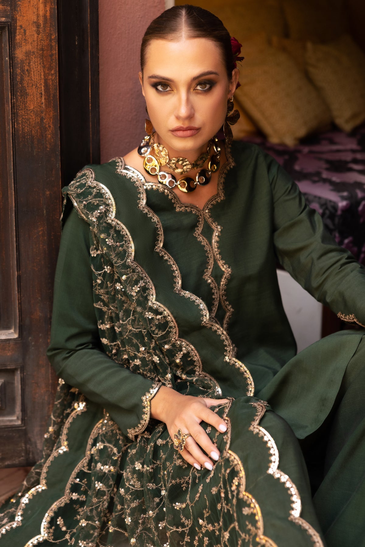 3-PC Embroidered Raw-Silk Suit CMA-5-139 GREEN