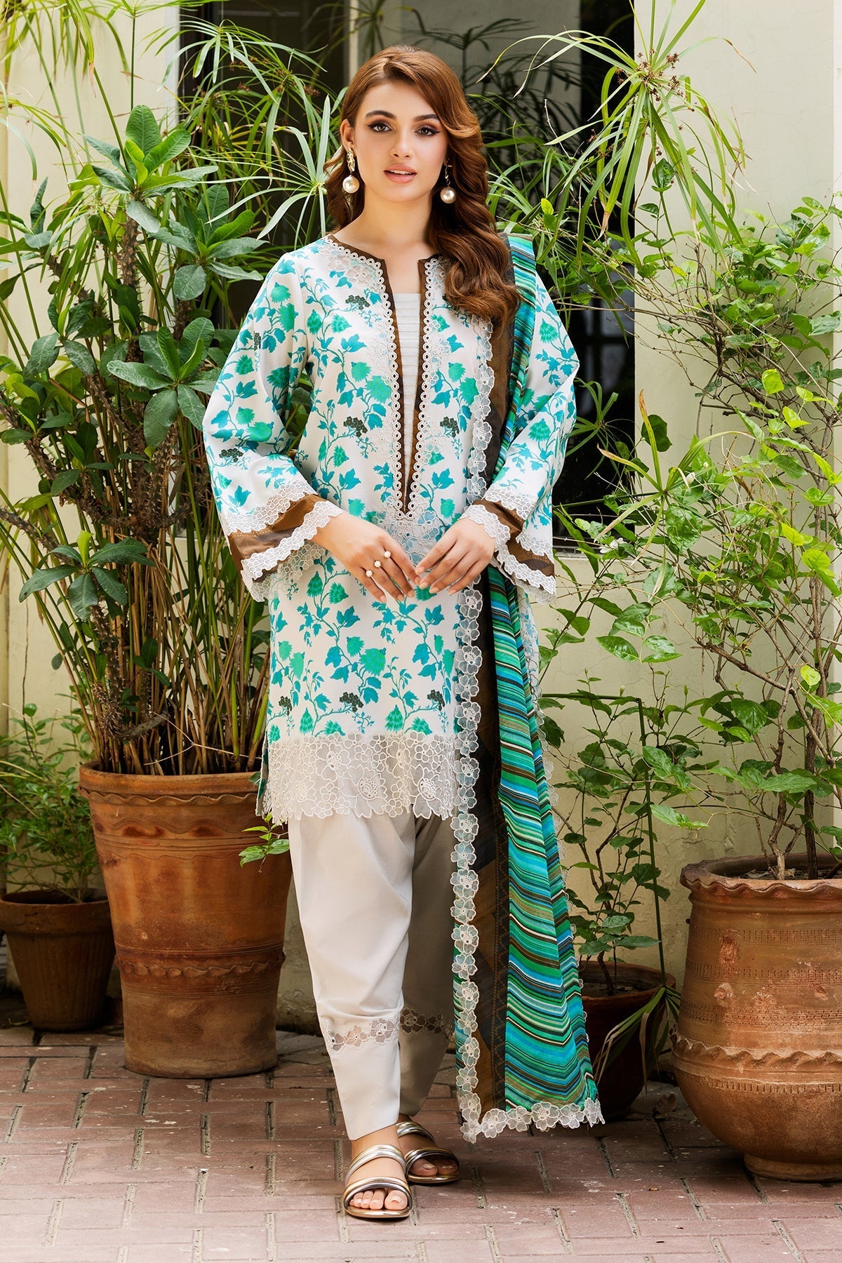 3-PC Embroidered Lawn Shirt with Embroidered Voil Dupatta and Trouser CRN4-21P