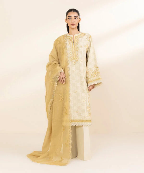 3 Piece - Embroidered Cotton Jacquard Suit