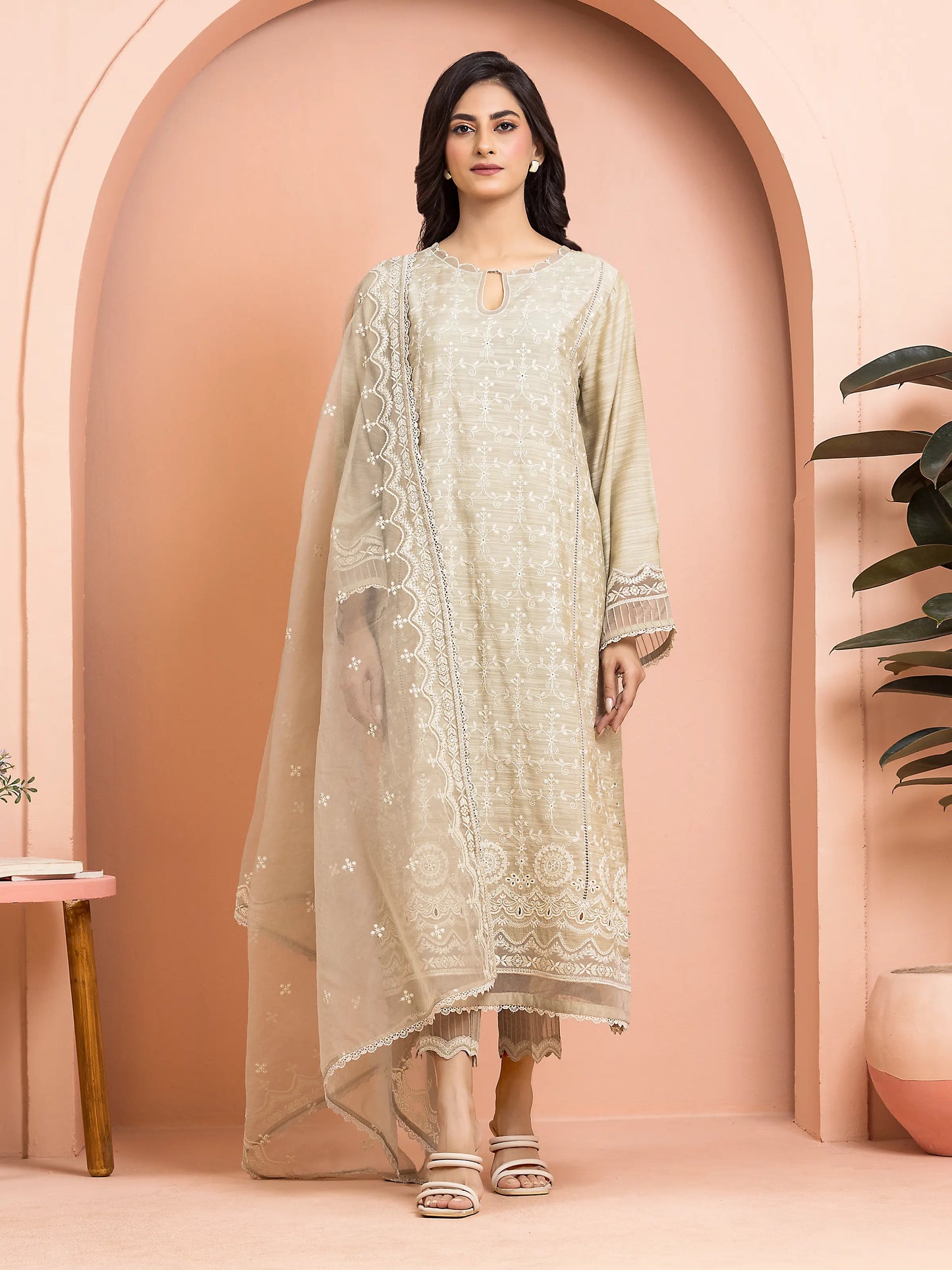 Unstitched Beige Embroidered Raw Silk 3 Piece - EWU24V16-30002-3P