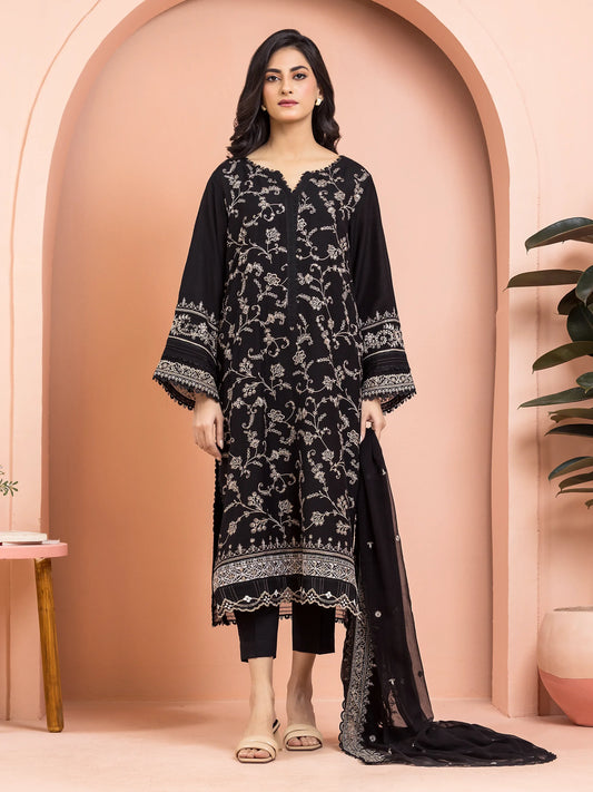 Unstitched Black Embroidered Raw Silk 3 Piece - EWU24V16-30013-3P