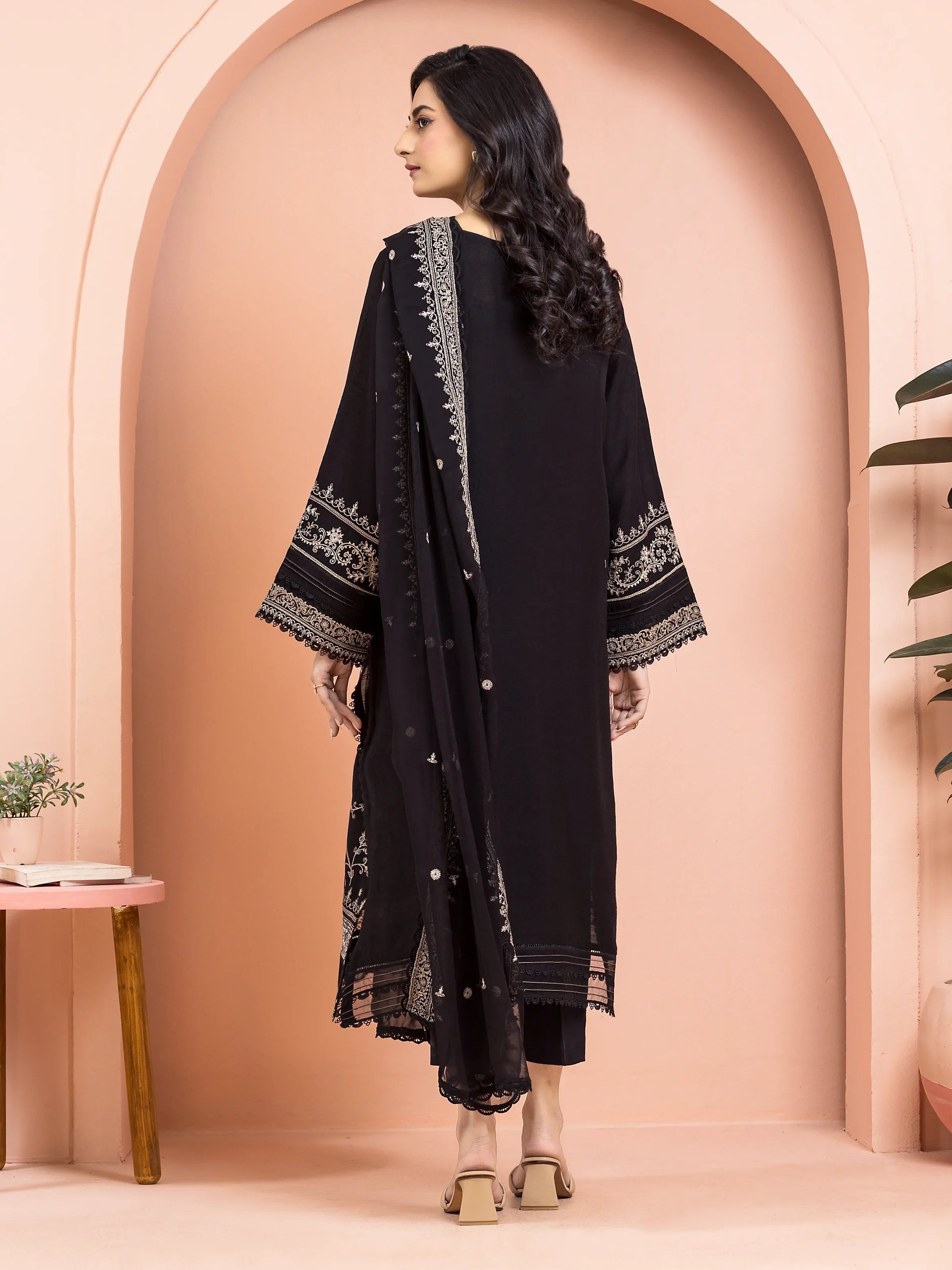 Unstitched Black Embroidered Raw Silk 3 Piece - EWU24V16-30013-3P