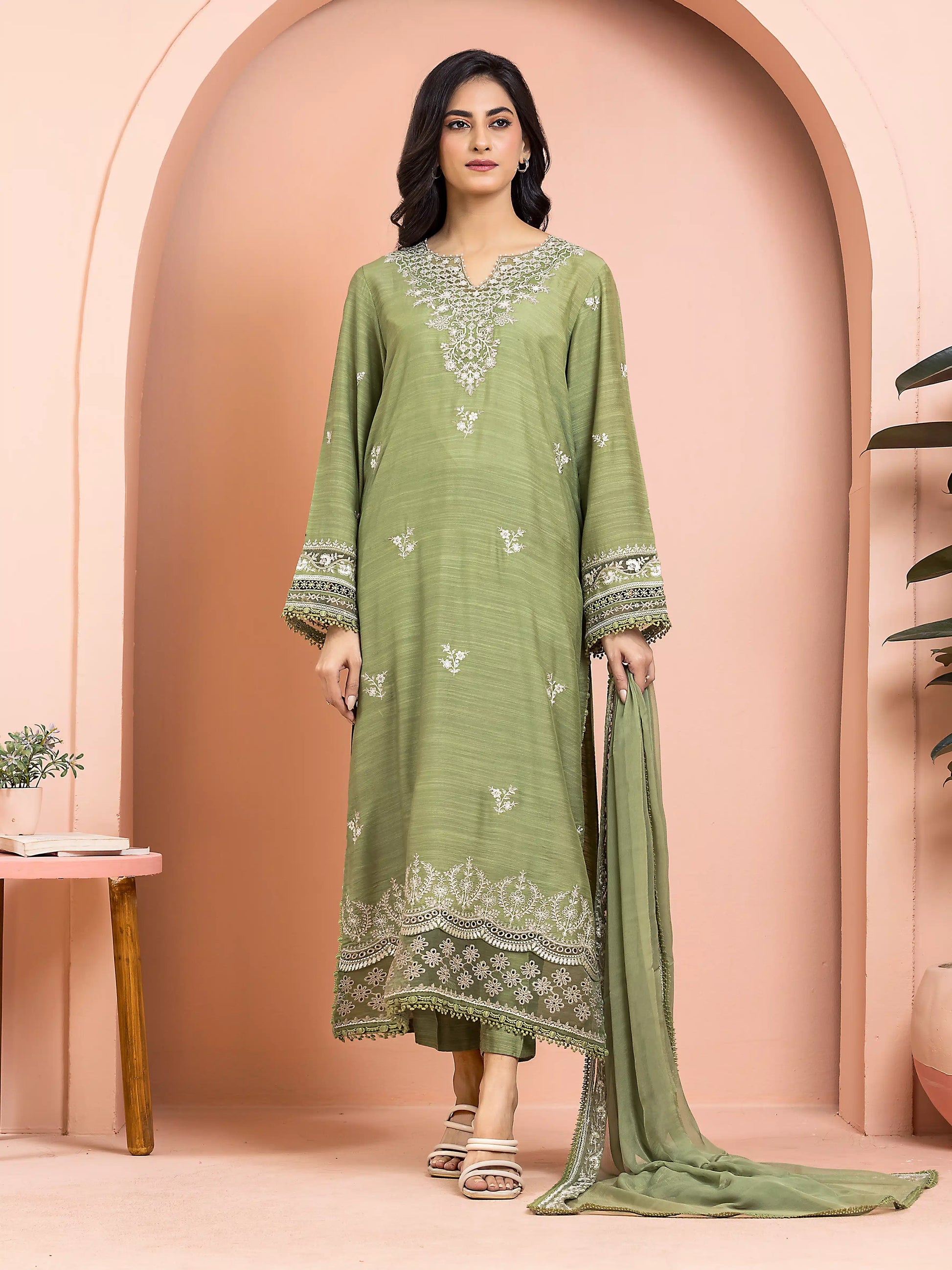 Unstitched Green Embroidered Raw Silk 3 Piece - EWU24V16-30018-3P