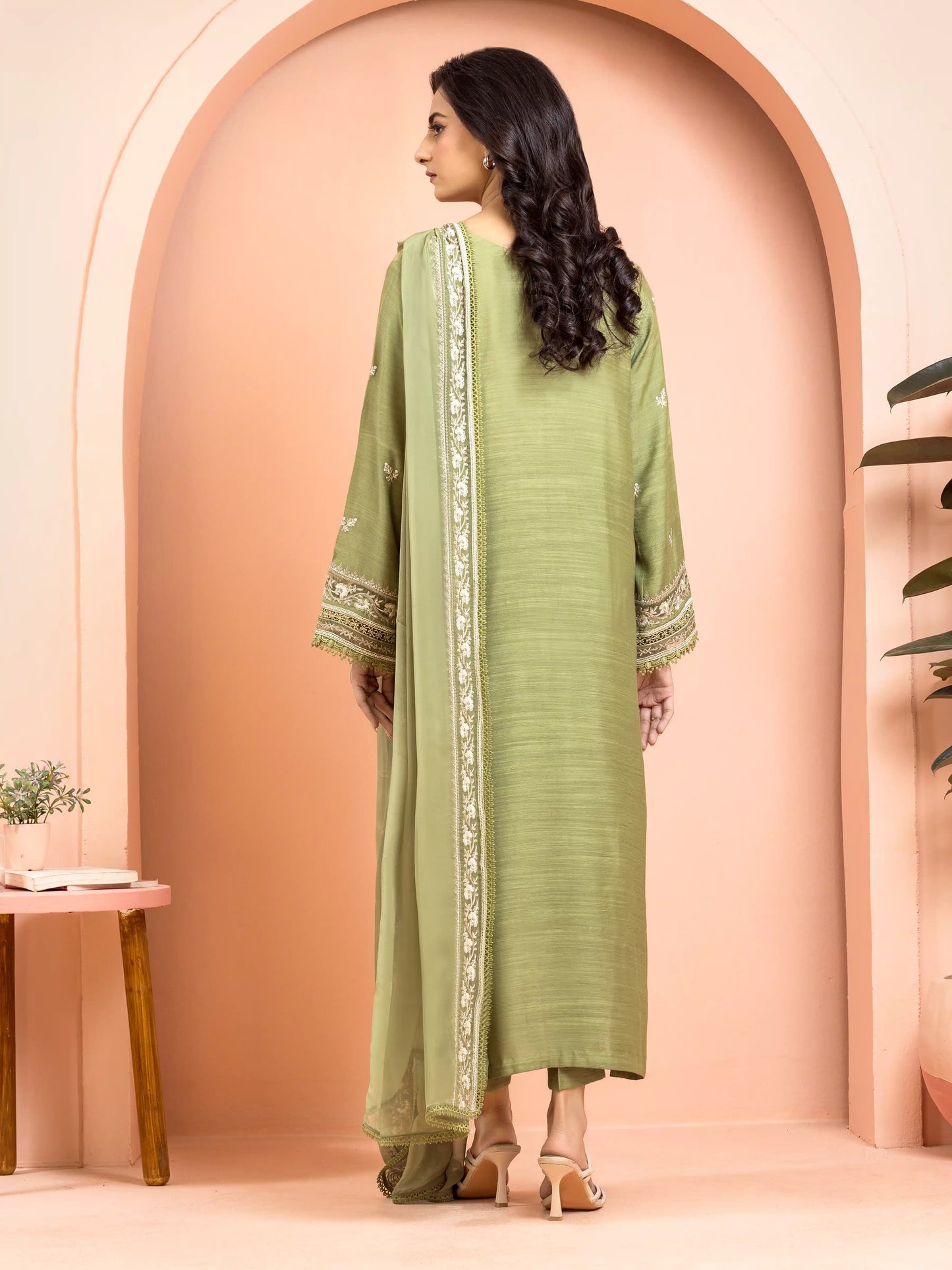 Unstitched Green Embroidered Raw Silk 3 Piece - EWU24V16-30018-3P