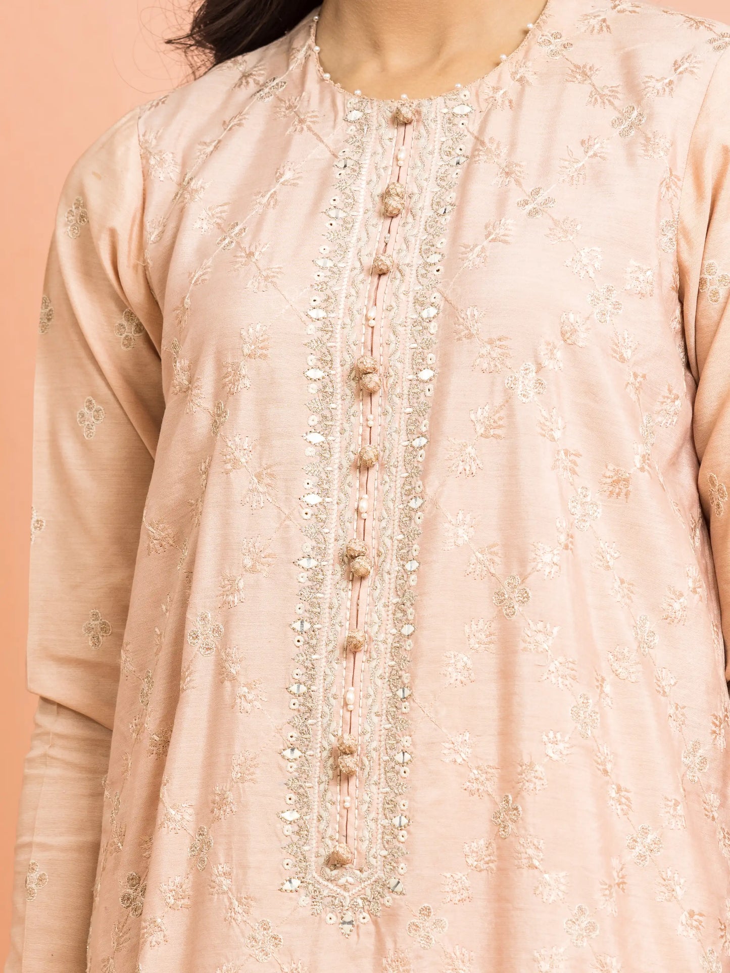 Unstitched Peach Embroidered Raw Silk 3 Piece - EWU24V16-30252-3P