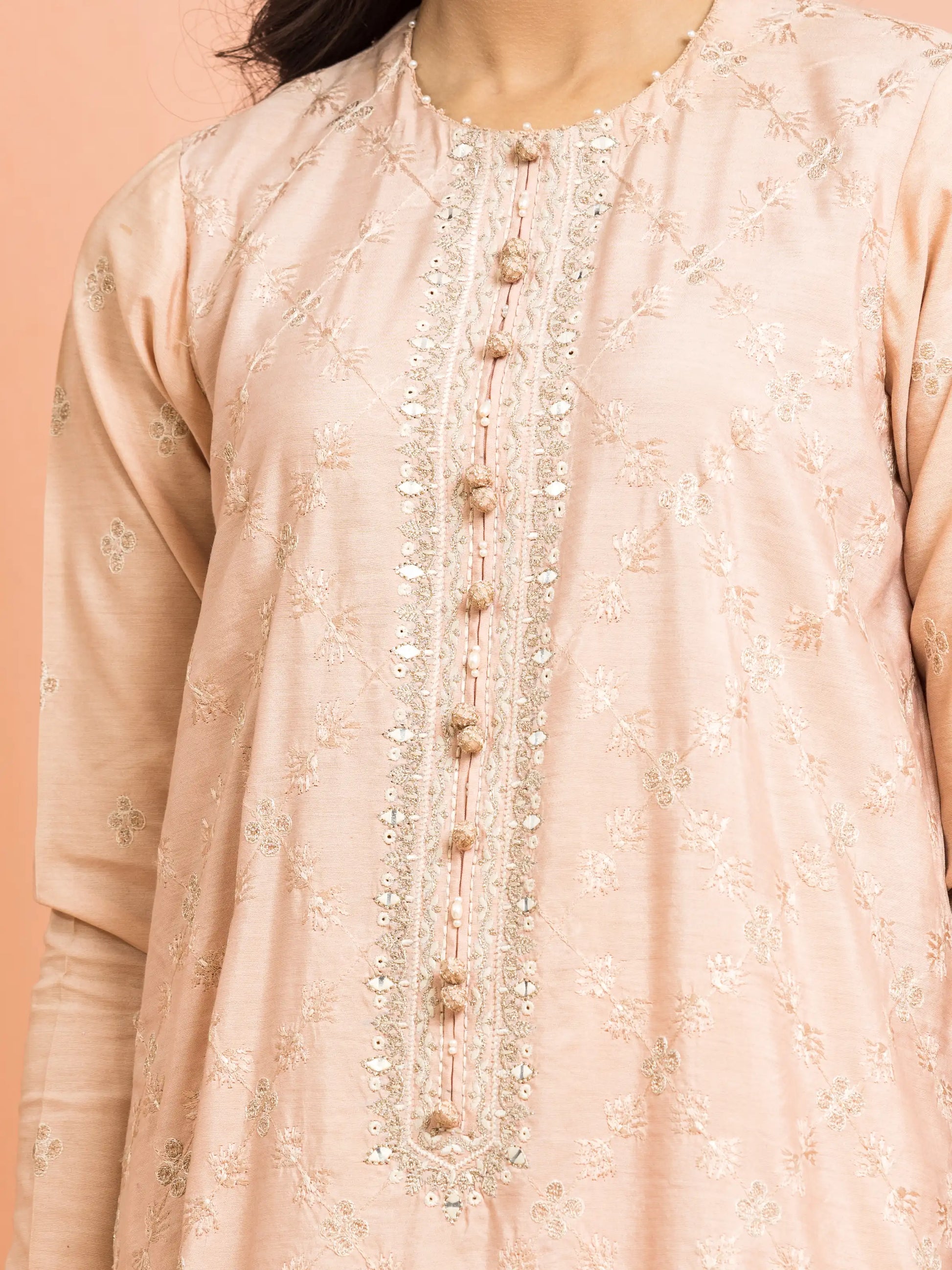 Unstitched Peach Embroidered Raw Silk 3 Piece - EWU24V16-30252-3P