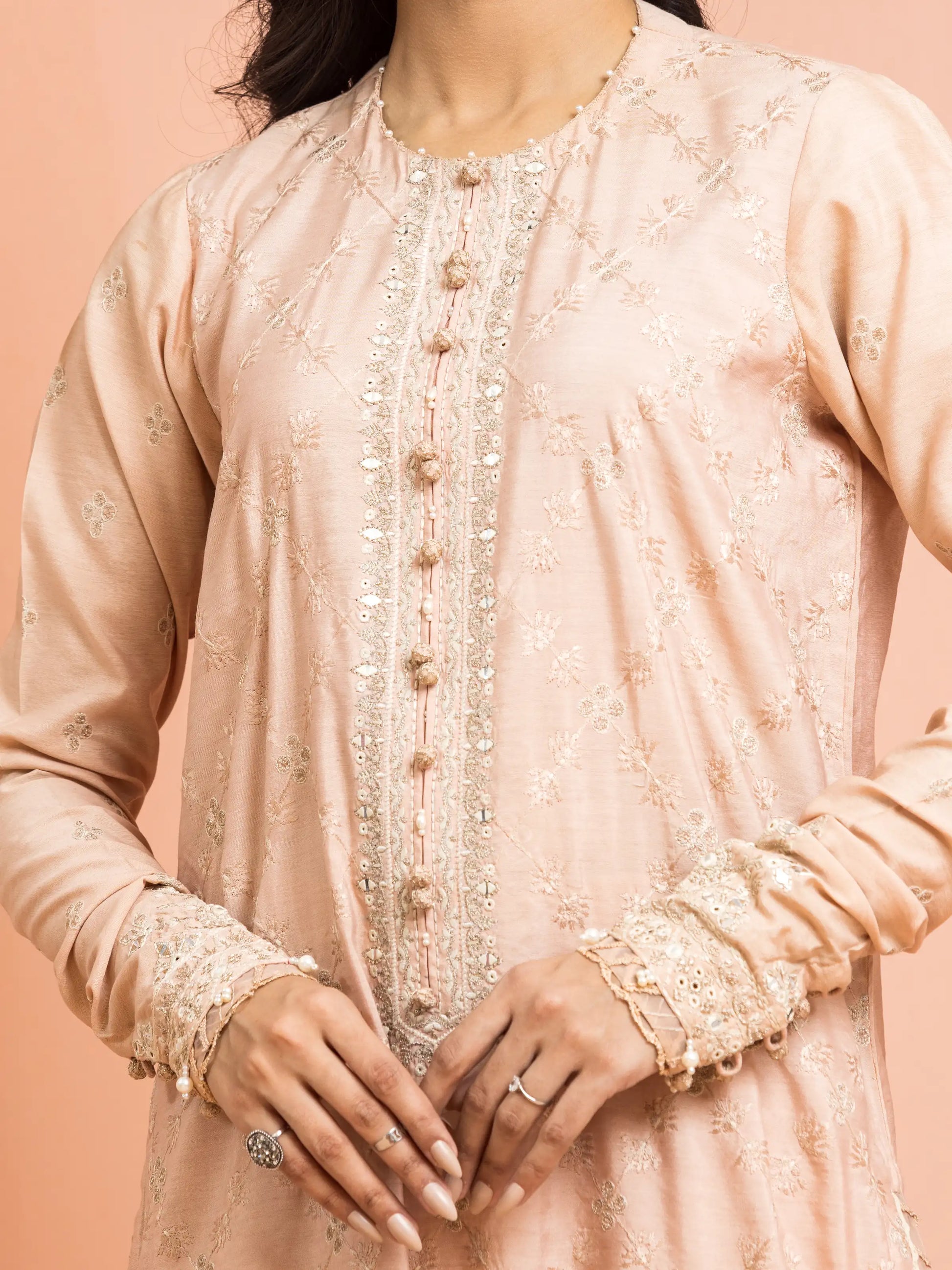 Unstitched Peach Embroidered Raw Silk 3 Piece - EWU24V16-30252-3P