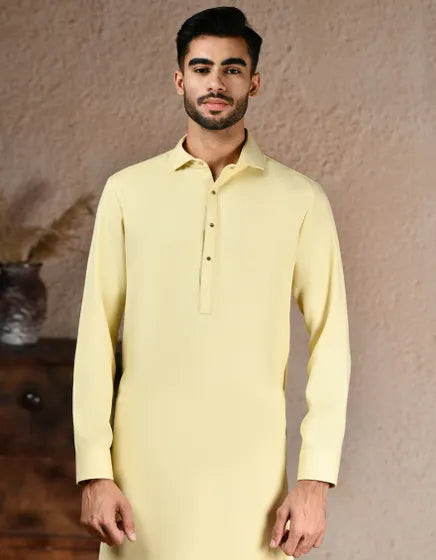 PALE YELLOW BLENDED KAMEEZ SHALWAR | JJKS-W-47289