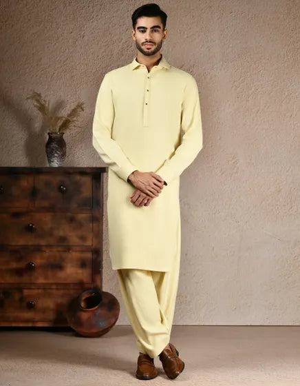 PALE YELLOW BLENDED KAMEEZ SHALWAR | JJKS-W-47289