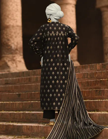 BLACK JACQUARD DYED UNSTITCHED 3PC | JLAWN-S-25-3208