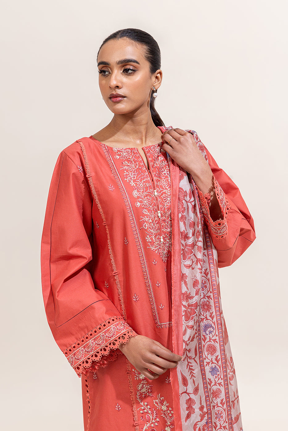 3 PIECE EMBROIDERED LAWN SUIT-CORAL MUSE (UNSTITCHED)