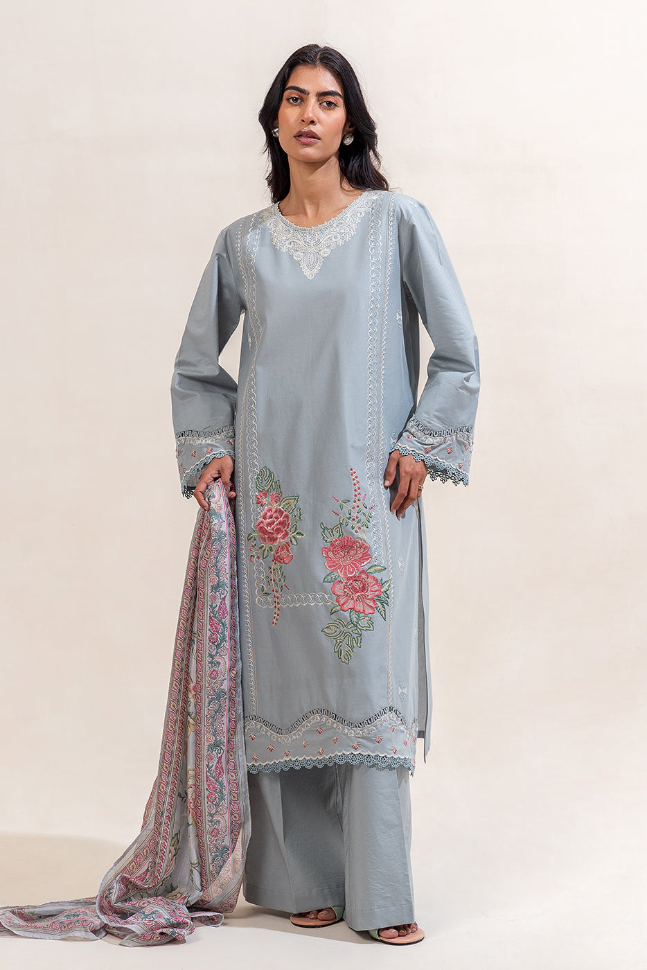 3 PIECE PRINTED LAWN SUIT-MINT FROST (UNSTITCHED)