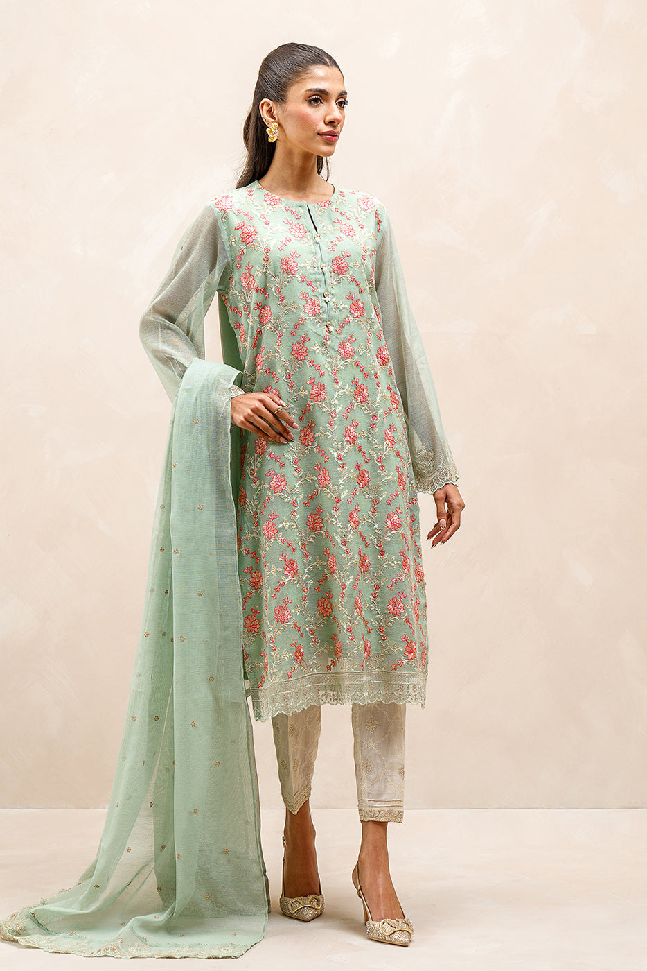 2 PIECE EMBROIDERED COTTON NET SUIT (LUXURY-PRET)