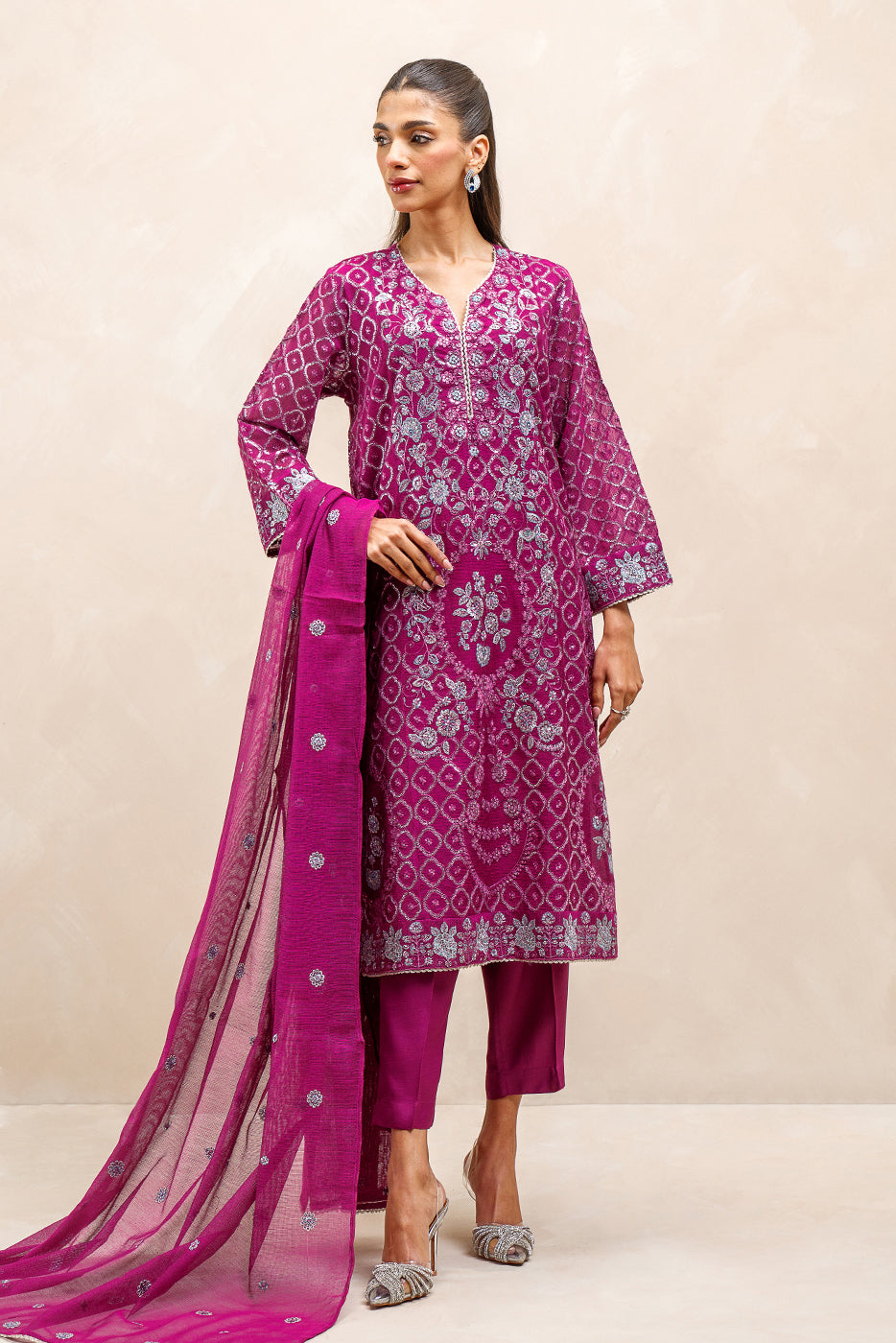 3 PIECE EMBROIDERED COTTON NET SUIT (LUXURY-PRET)