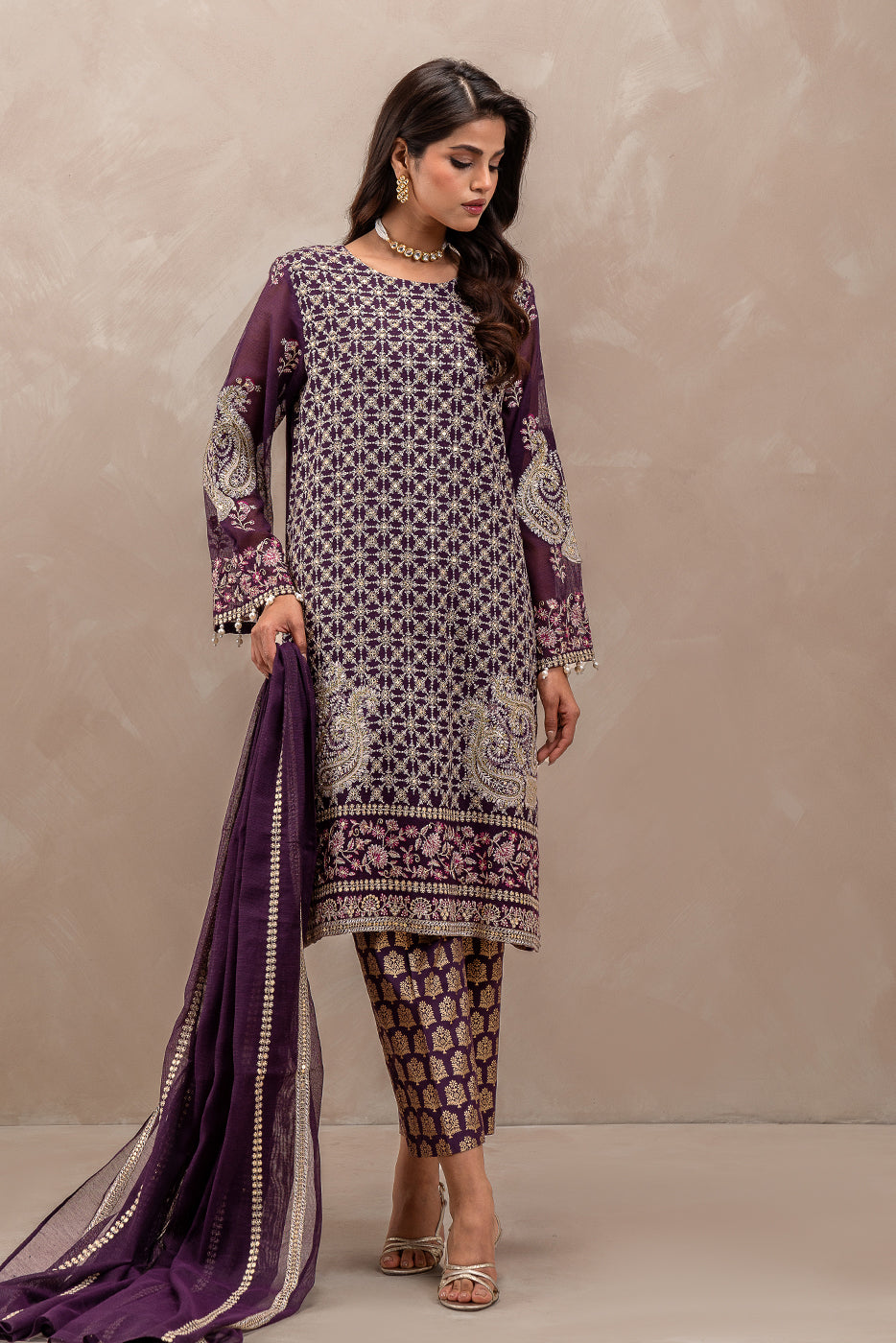 3 PIECE EMBROIDERED COTTON NET SUIT (LUXURY-PRET)