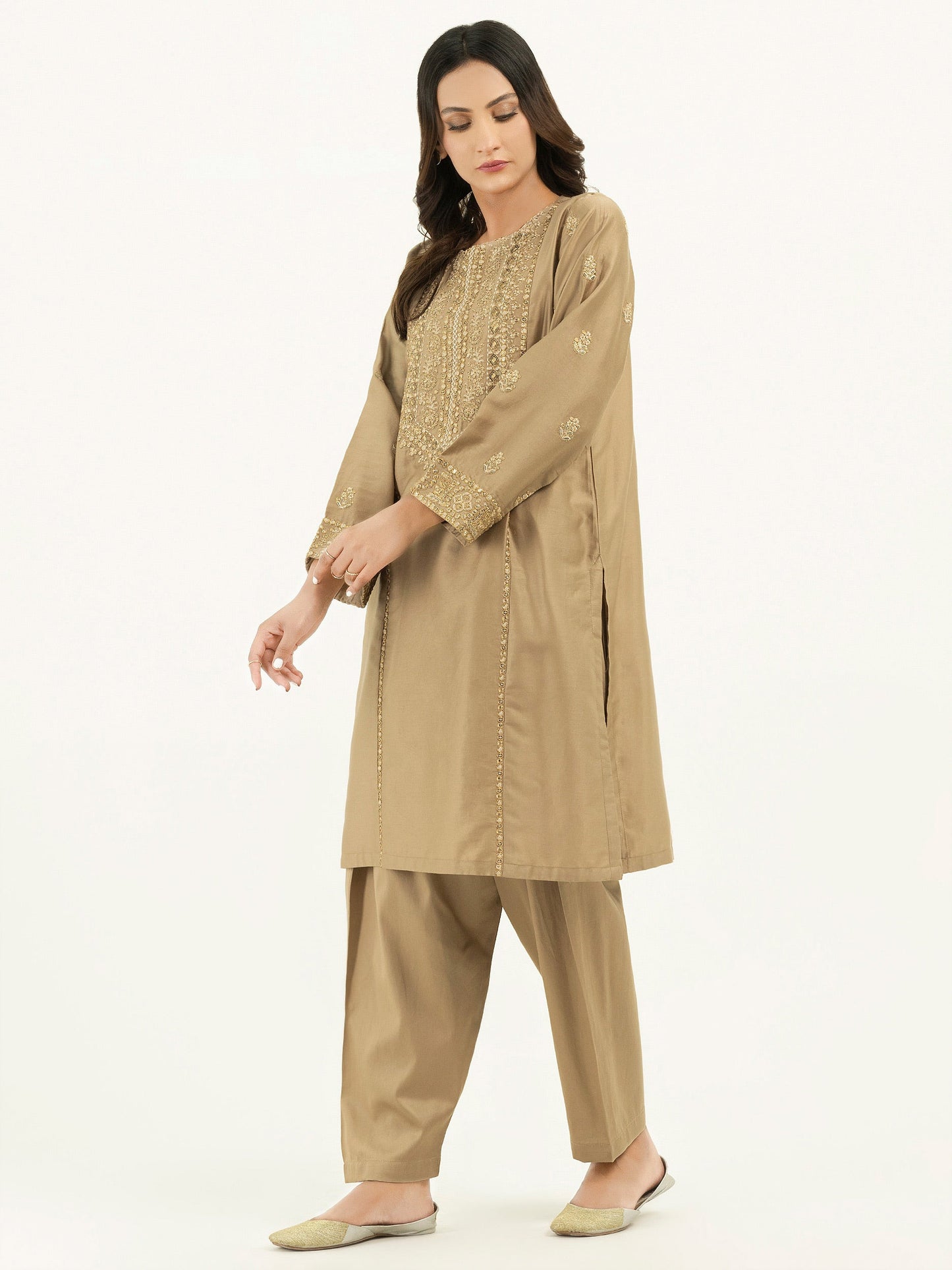 2 Piece Satin Suit-Embroidered (Pret)