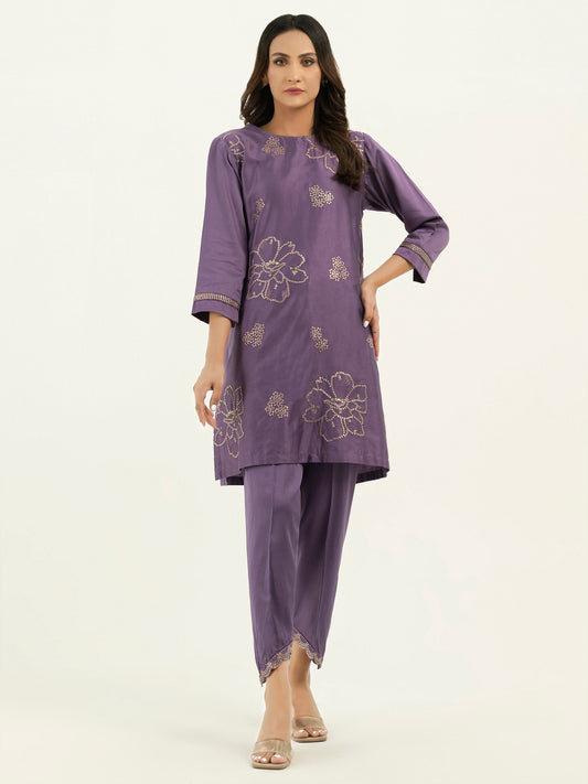 2 Piece Satin Suit-Embroidered (Pret)