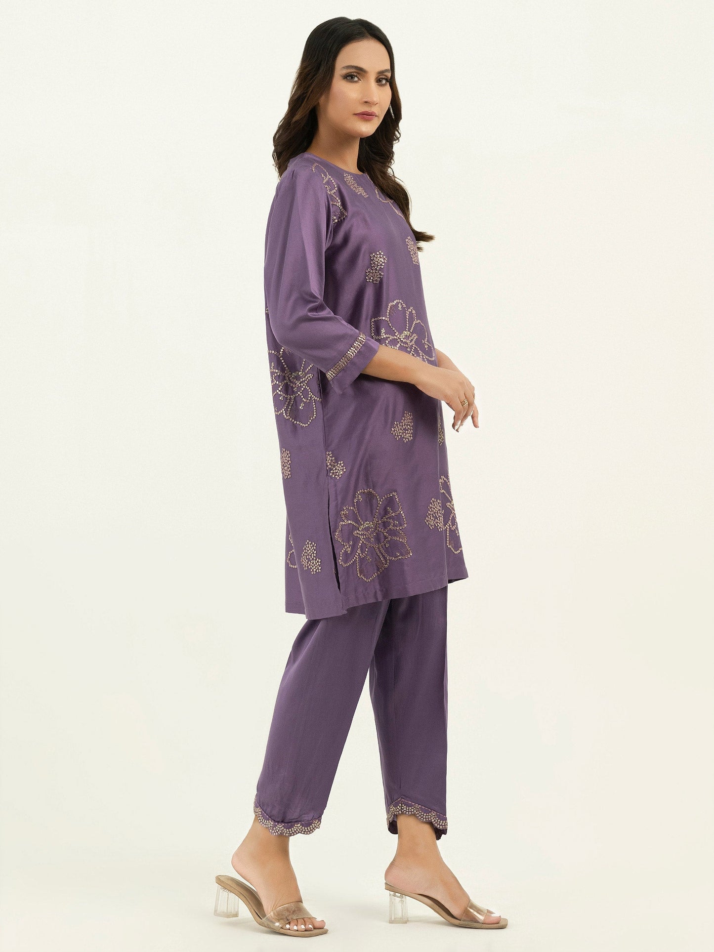 2 Piece Satin Suit-Embroidered (Pret)