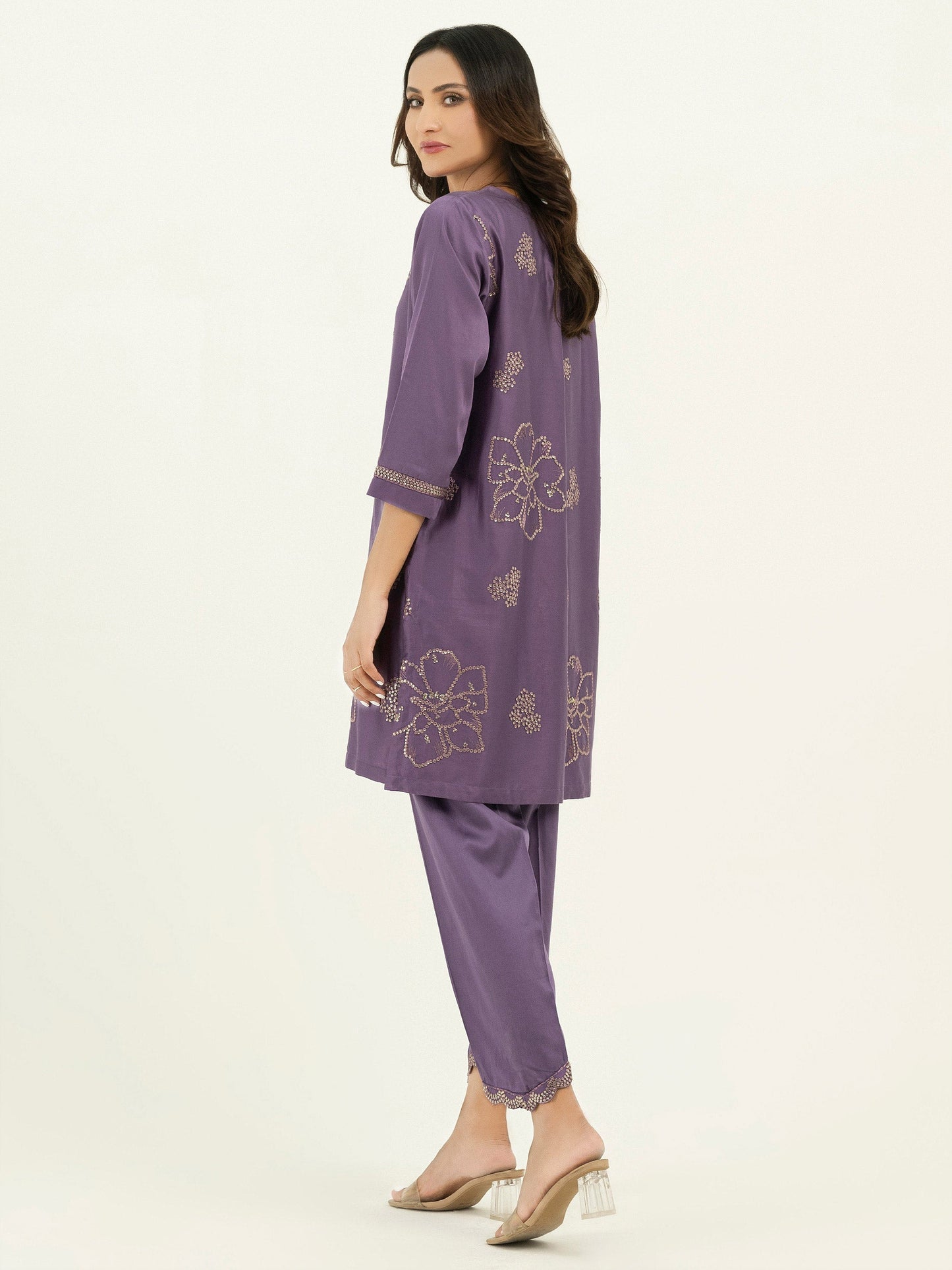 2 Piece Satin Suit-Embroidered (Pret)