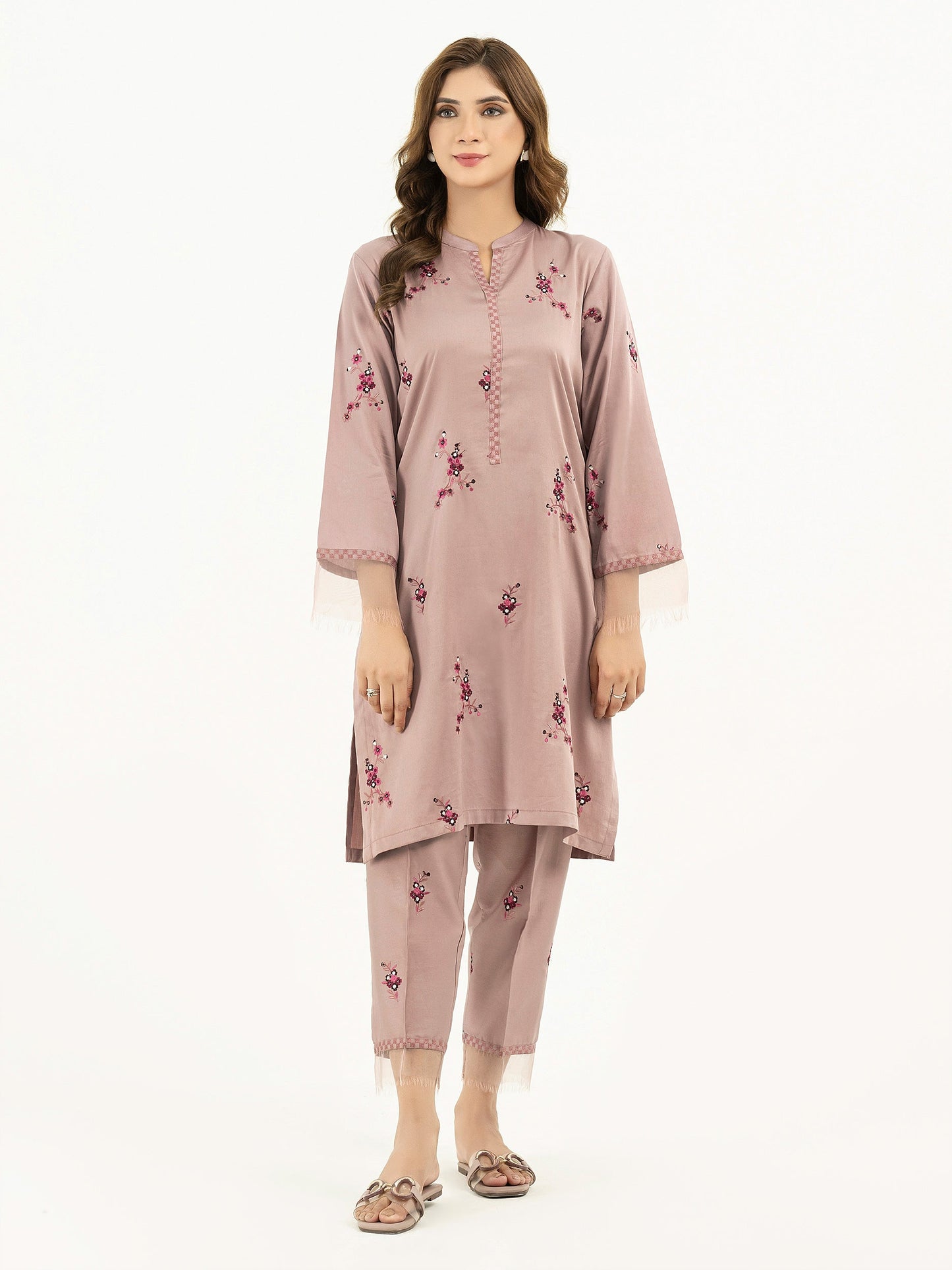 2 Piece Satin Suit-Embroidered  (Pret)