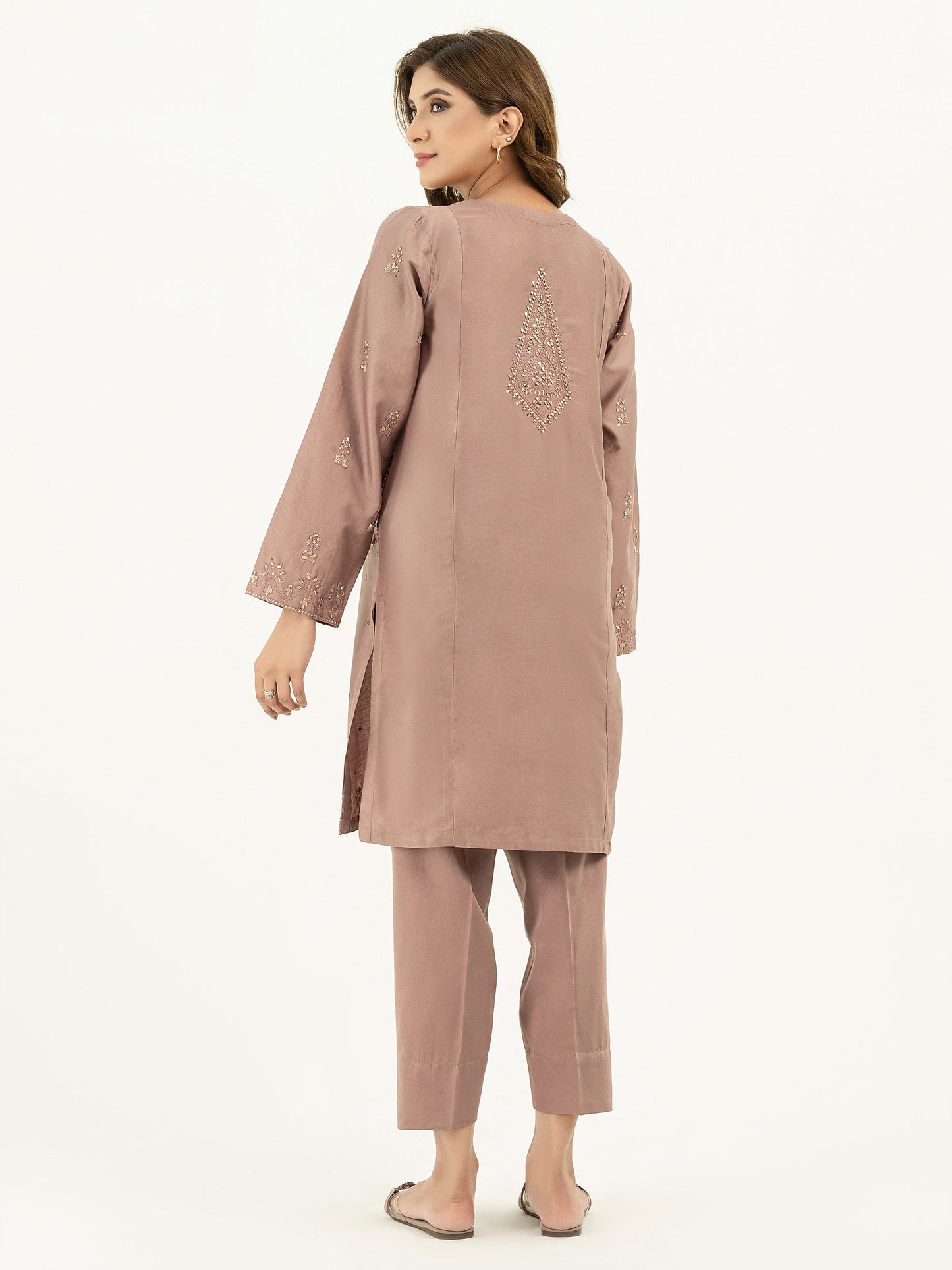 2 Piece Satin Suit-Embroidered  (Pret)