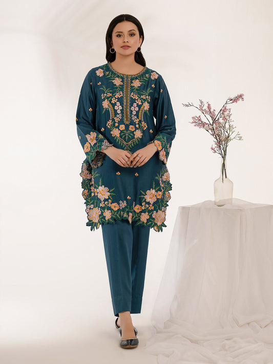 2 Piece Satin Suit-Embroidered (Pret)