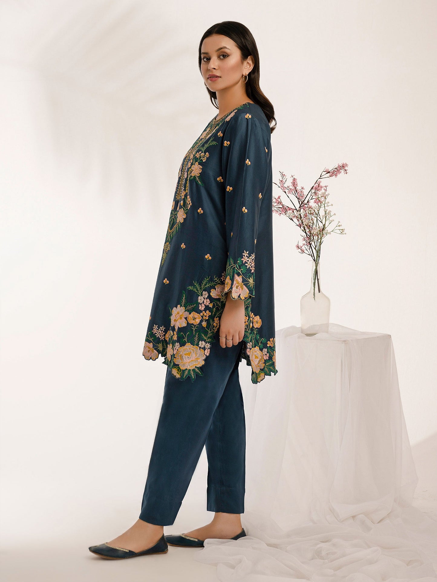 2 Piece Satin Suit-Embroidered (Pret)