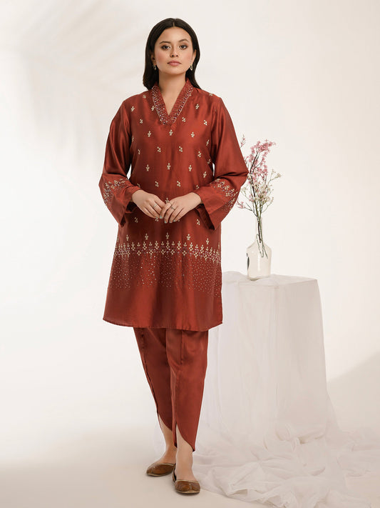 2 Piece Satin Suit-Embroidered (Pret)