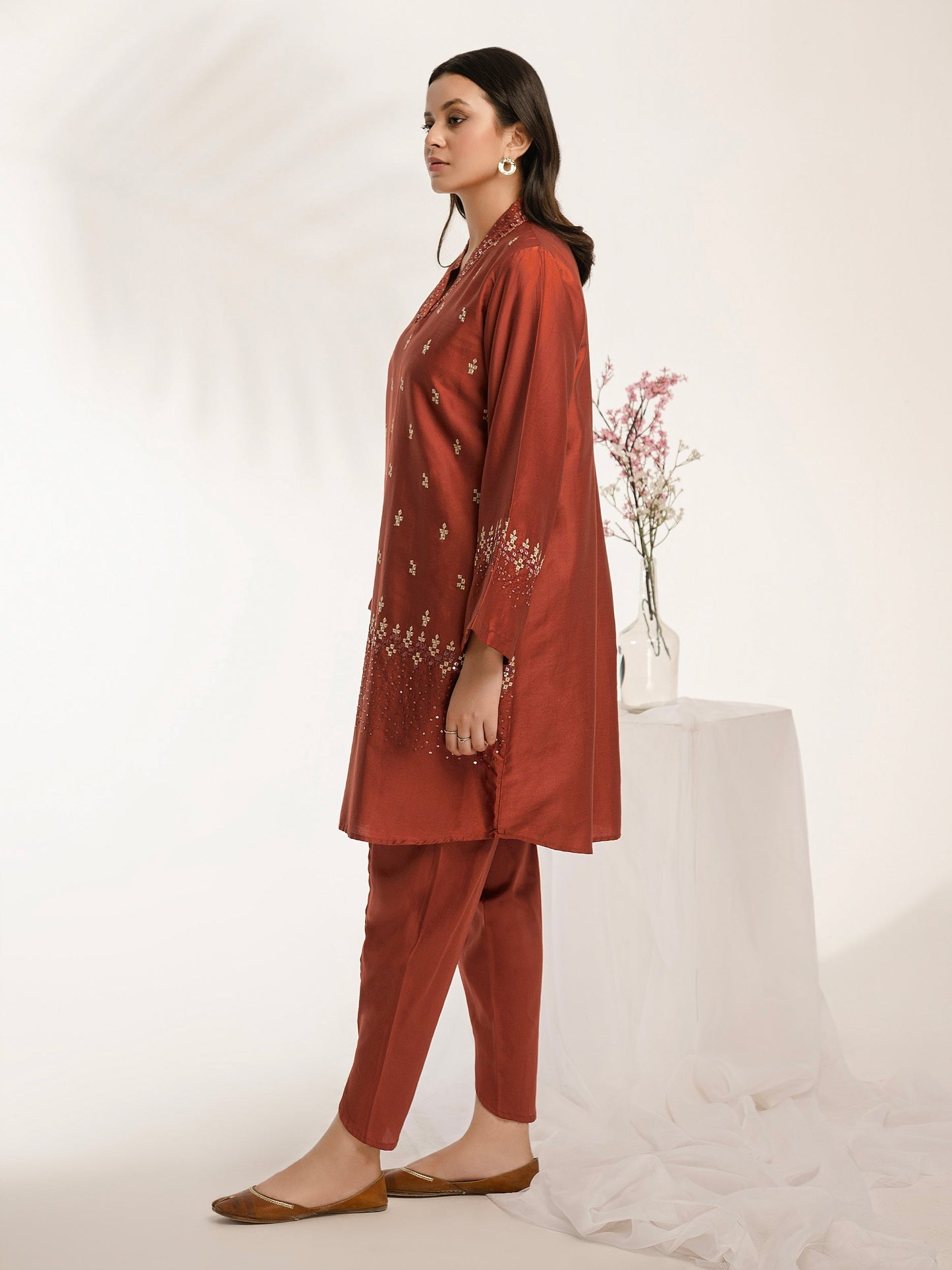 2 Piece Satin Suit-Embroidered (Pret)