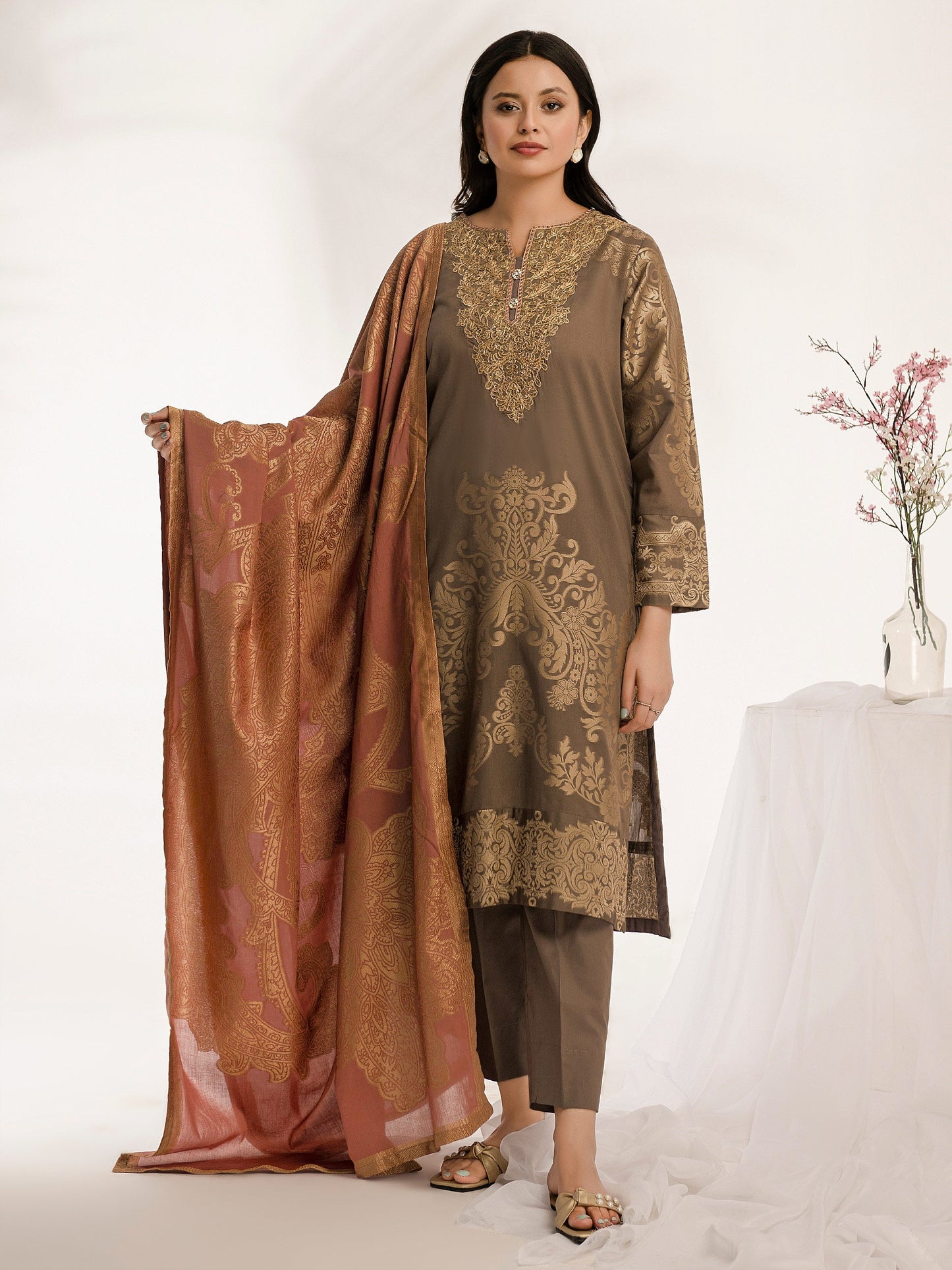 3 Piece Jacquard Suit-Embroidered (Pret)