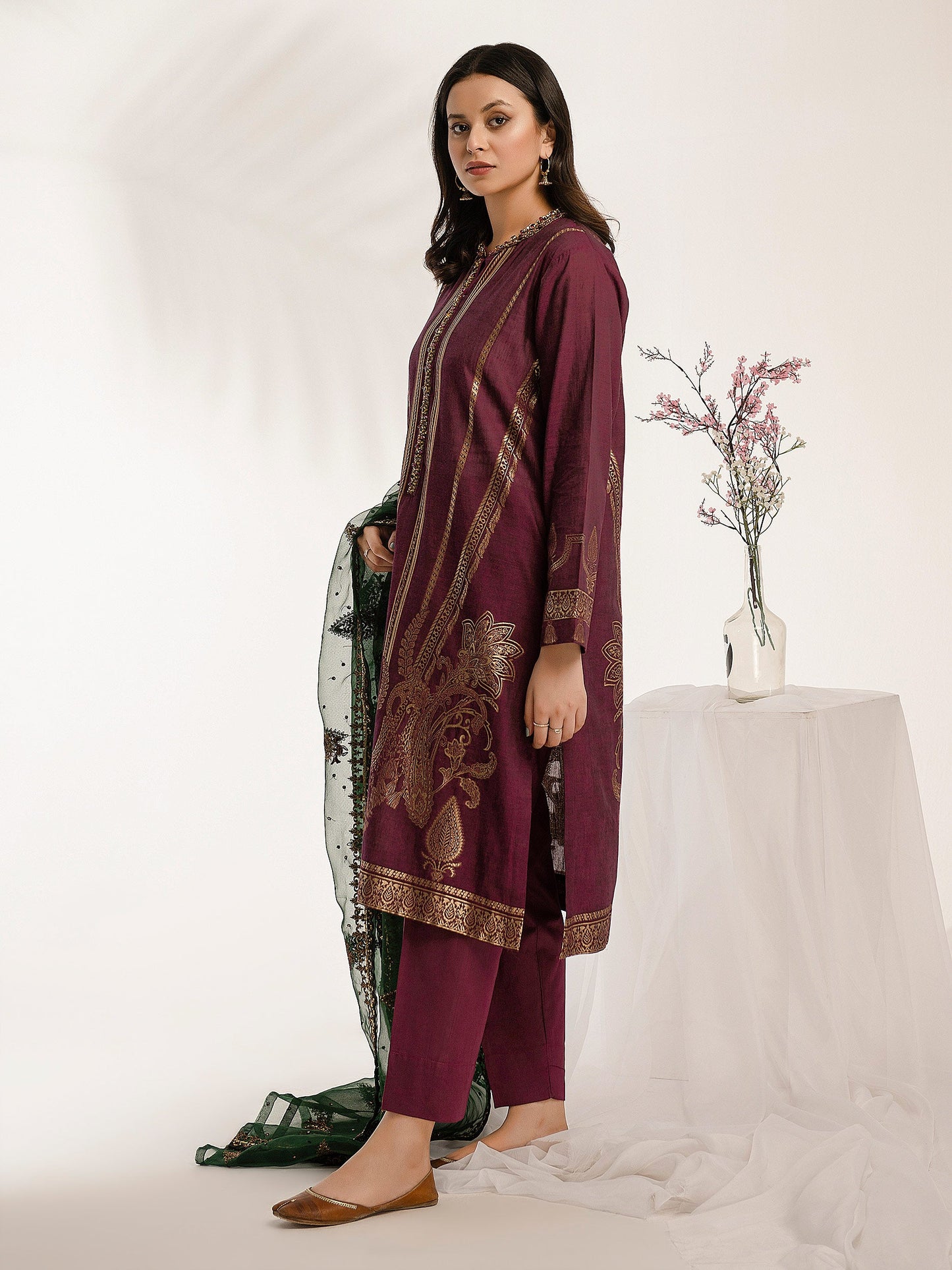 3 Piece Jacquard Suit-Embellished (Pret)