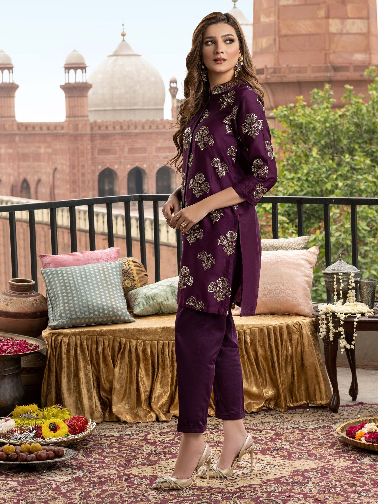 2 Piece Satin Suit-Embroidered (Pret)