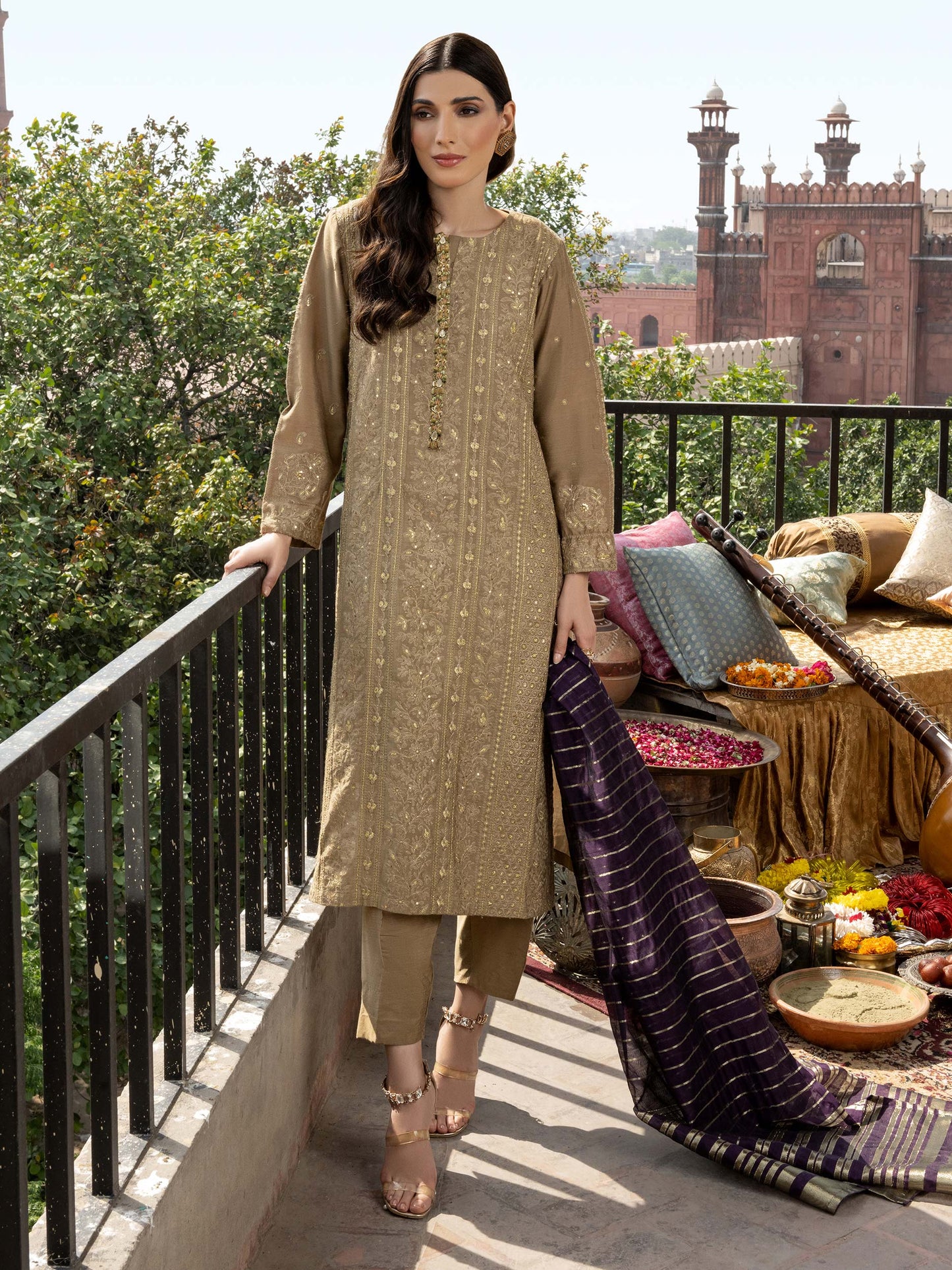 3 Piece Raw Silk Suit-Embroidered (Pret)