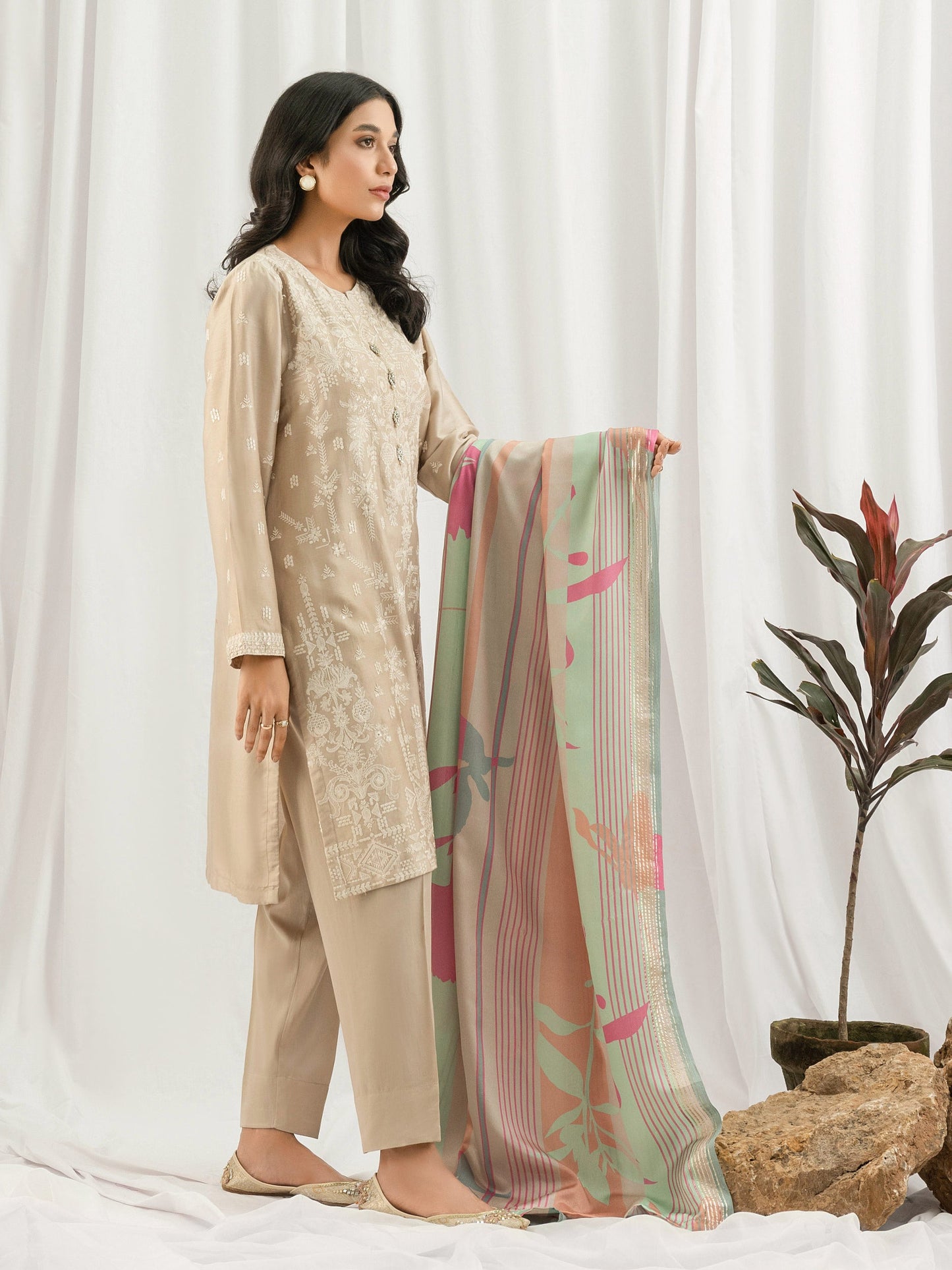 3 Piece Satin Suit- Embroidered (Pret)