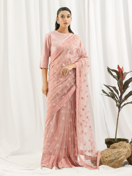 3 Piece Net Saree- Embroidered (Pret)