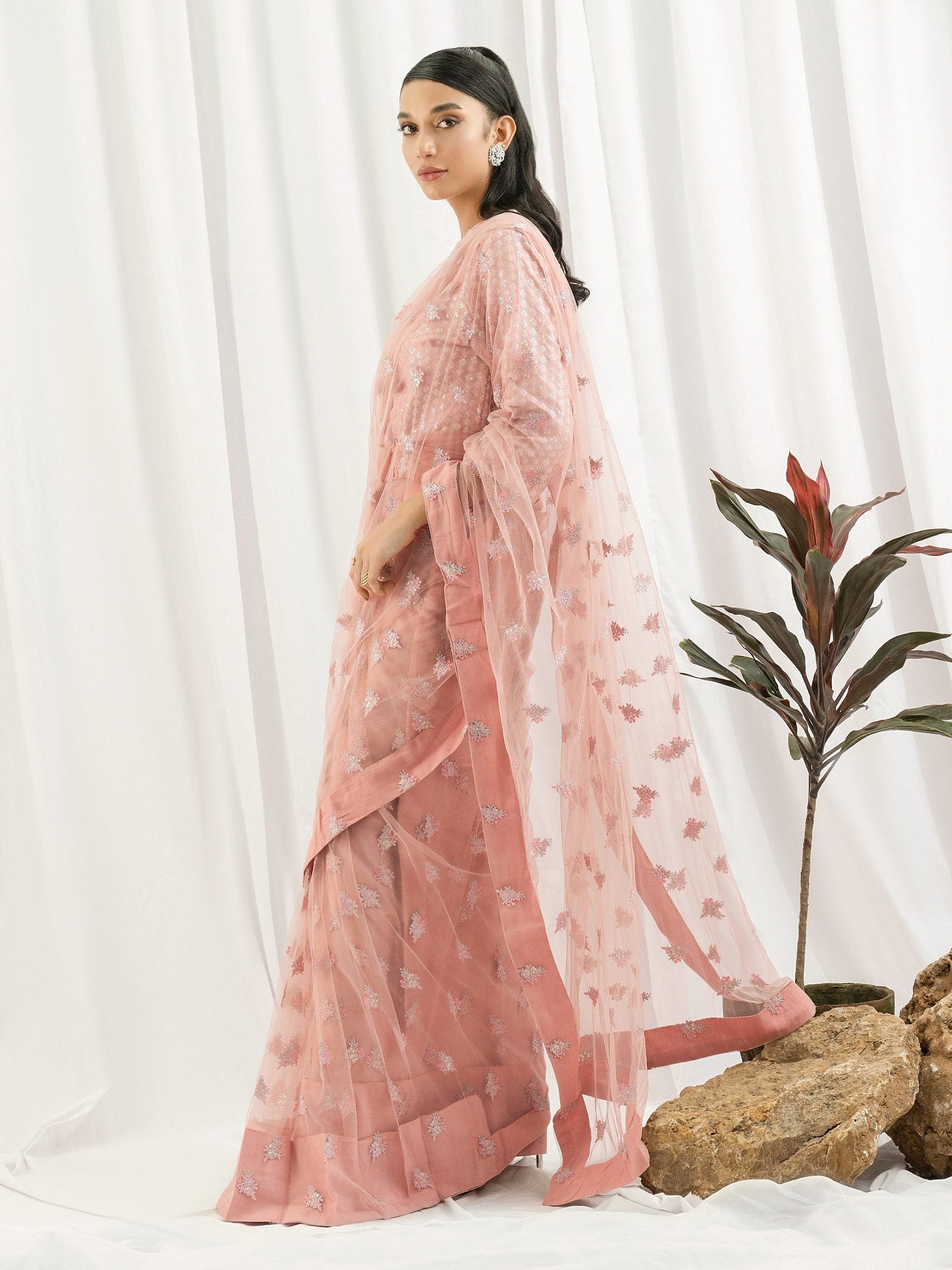 3 Piece Net Saree- Embroidered (Pret)