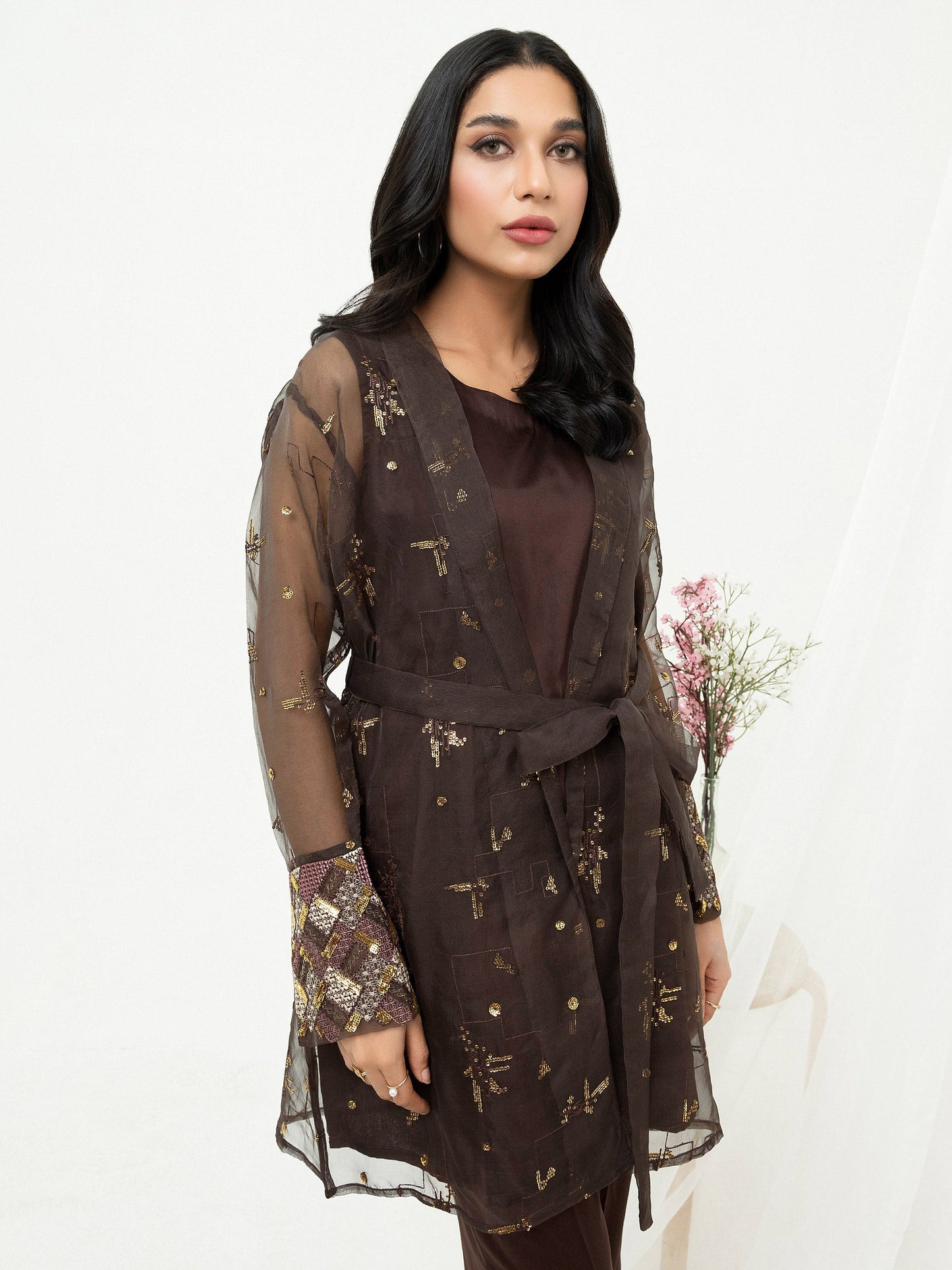 2 Piece Organza Cardigan-Embroidered (Pret)