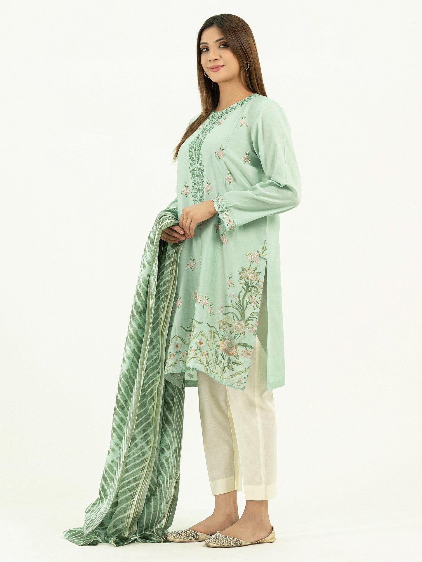 2 Piece Satin Suit-Embroidered (Pret)