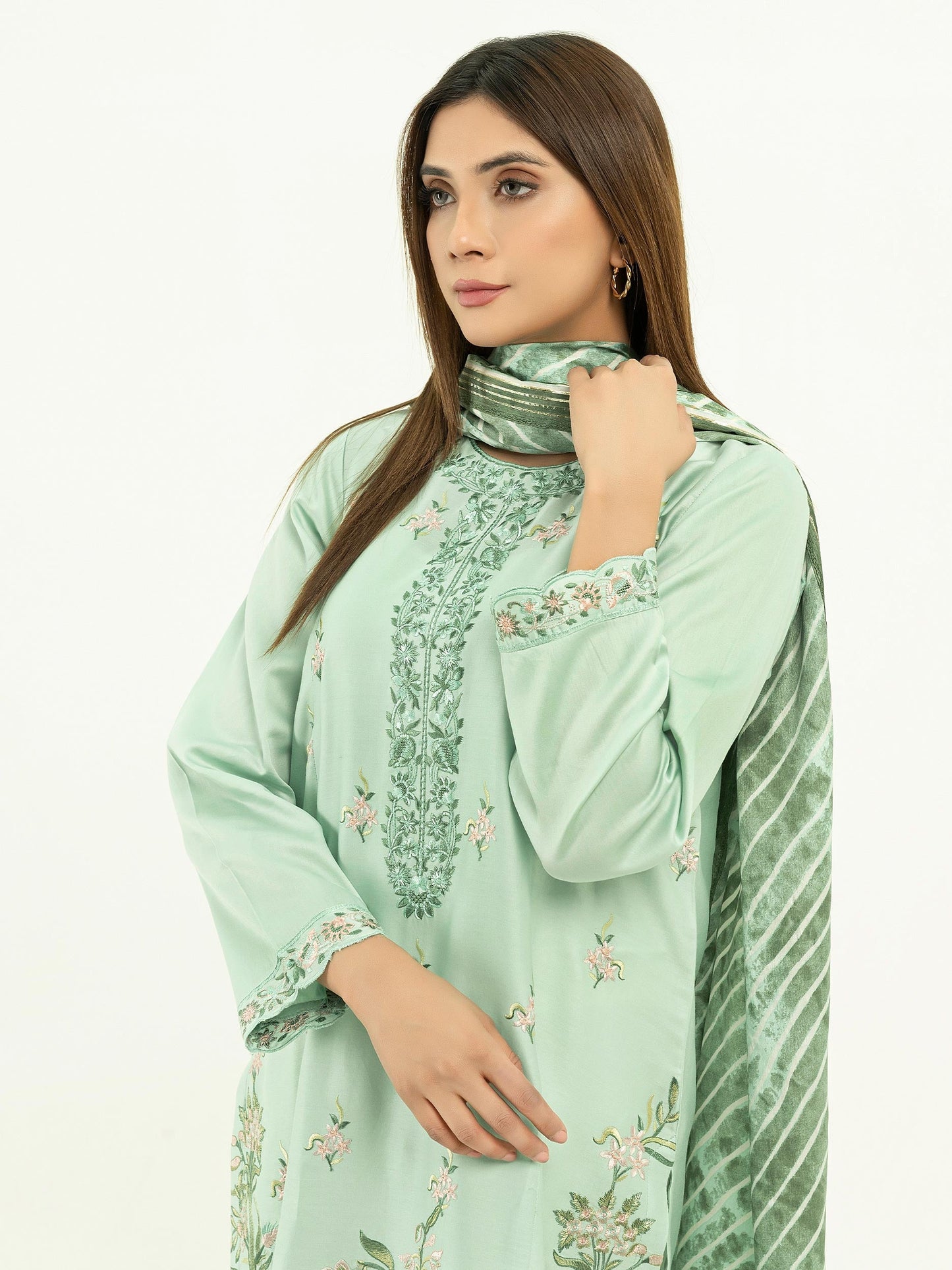 2 Piece Satin Suit-Embroidered (Pret)