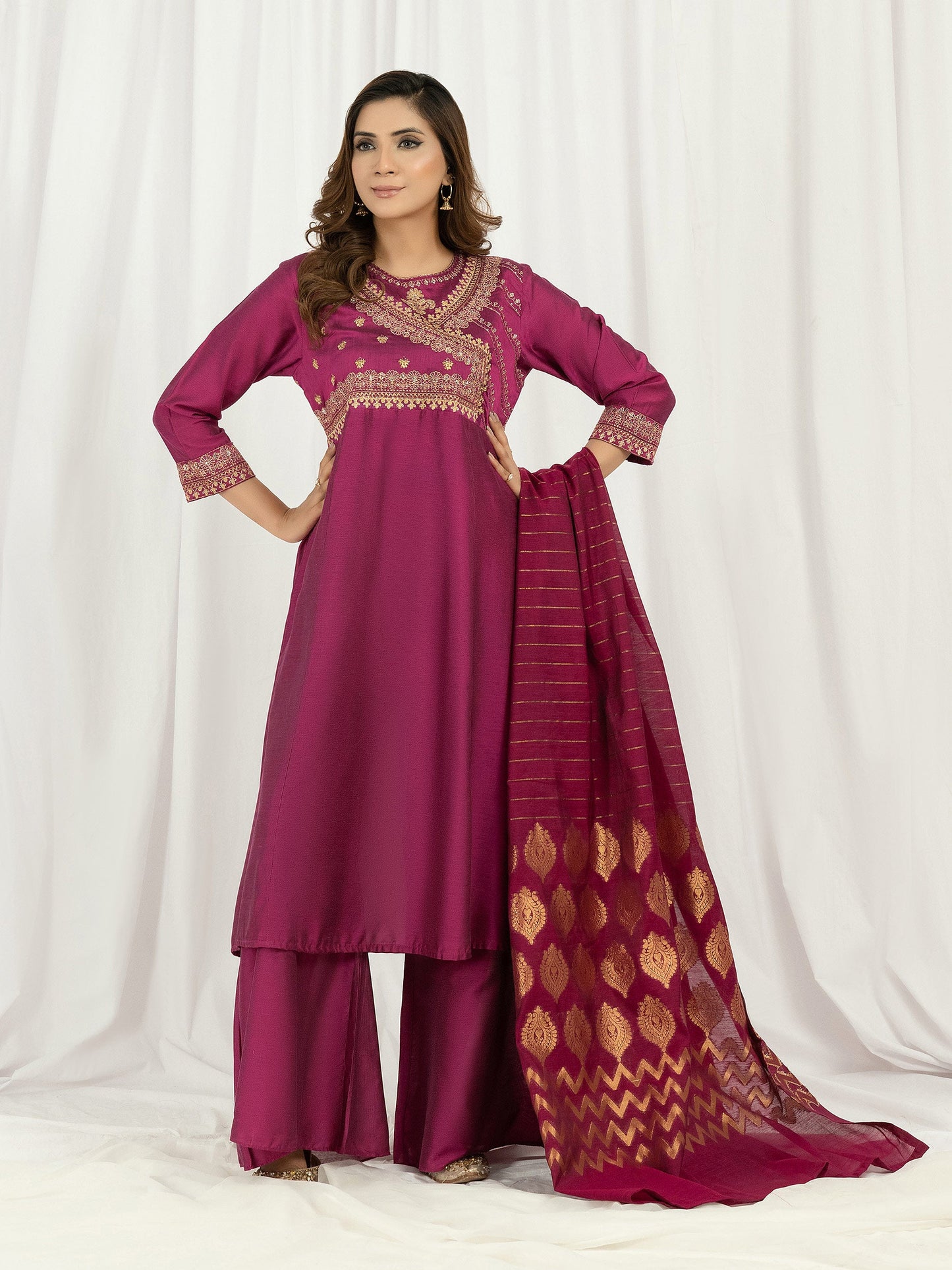 3 Piece Raw Silk Suit-Embroidered (Pret)