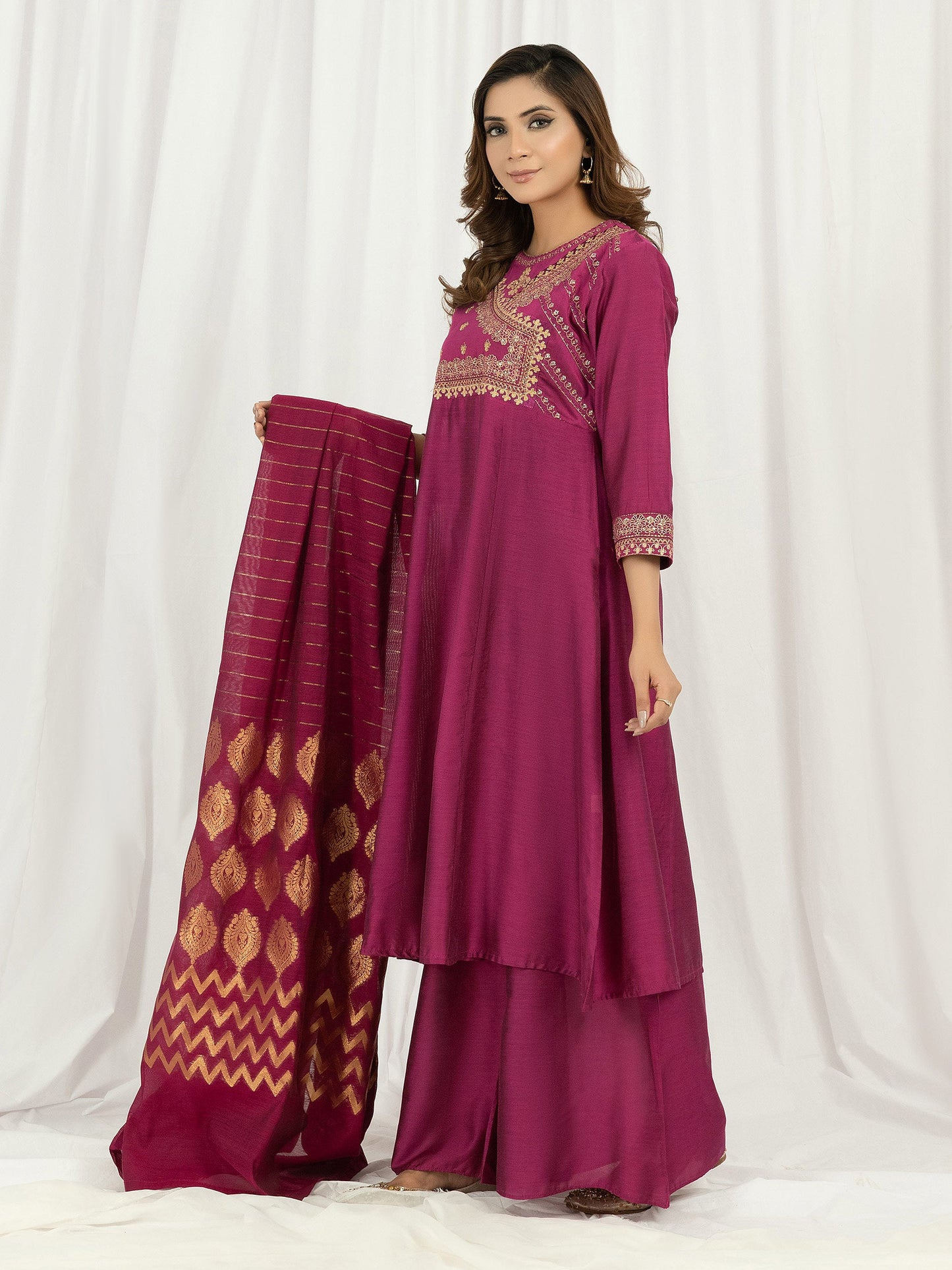 3 Piece Raw Silk Suit-Embroidered (Pret)