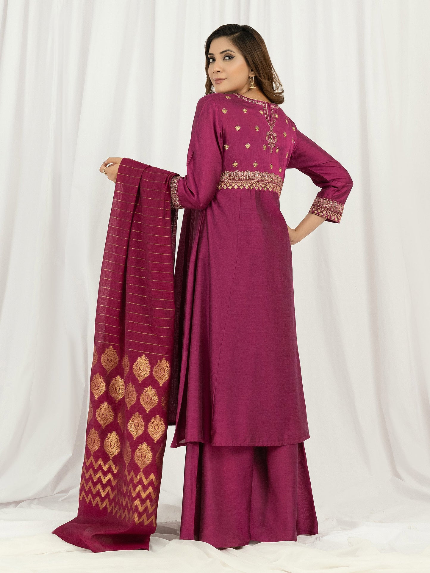 3 Piece Raw Silk Suit-Embroidered (Pret)