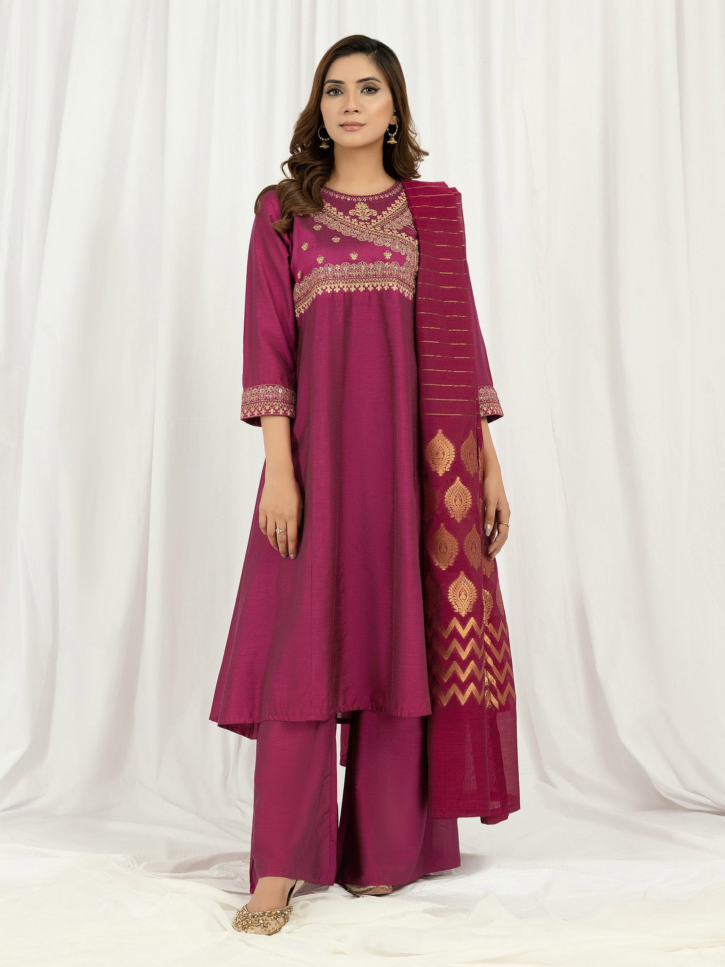 3 Piece Raw Silk Suit-Embroidered (Pret)