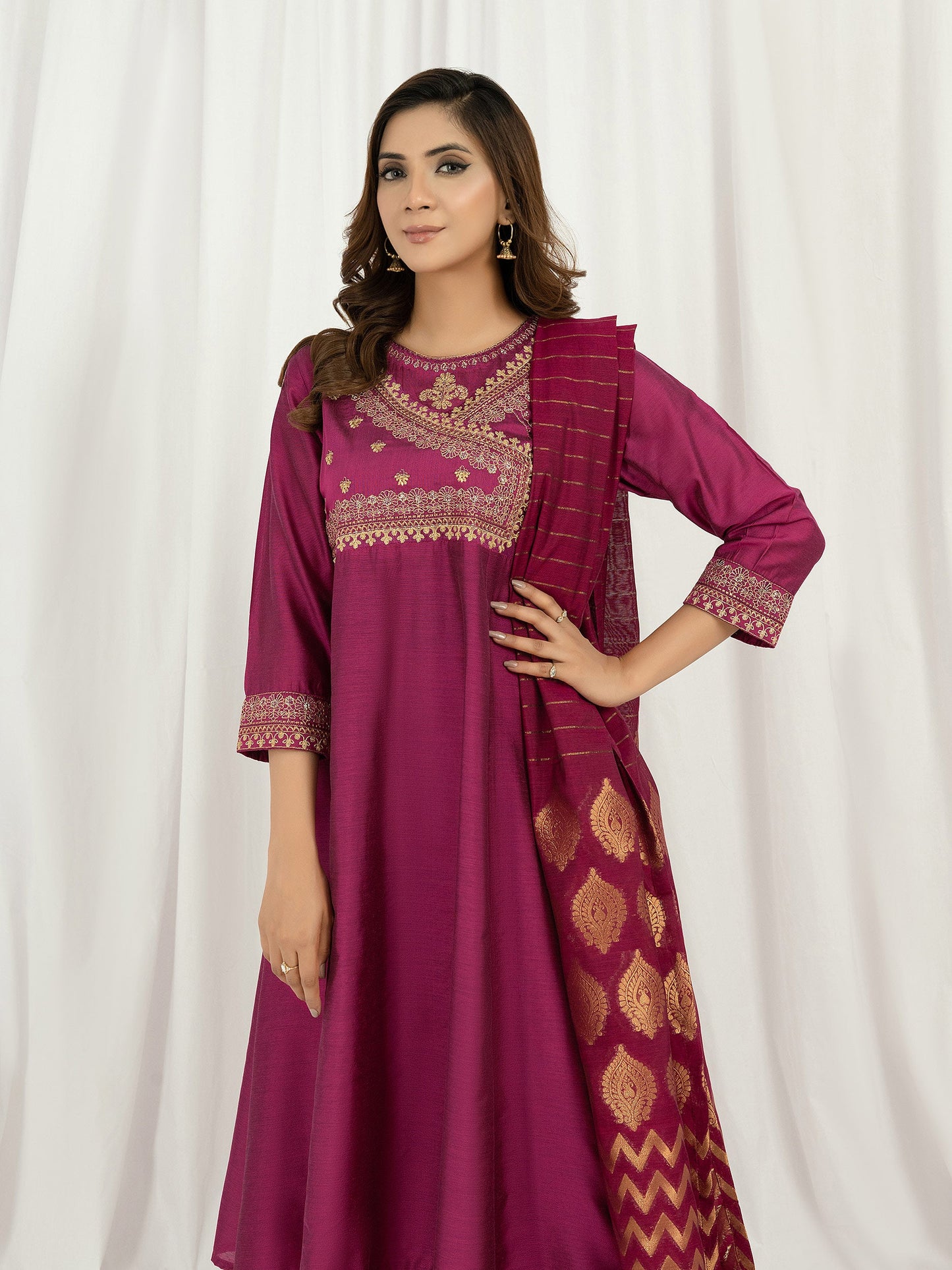 3 Piece Raw Silk Suit-Embroidered (Pret)