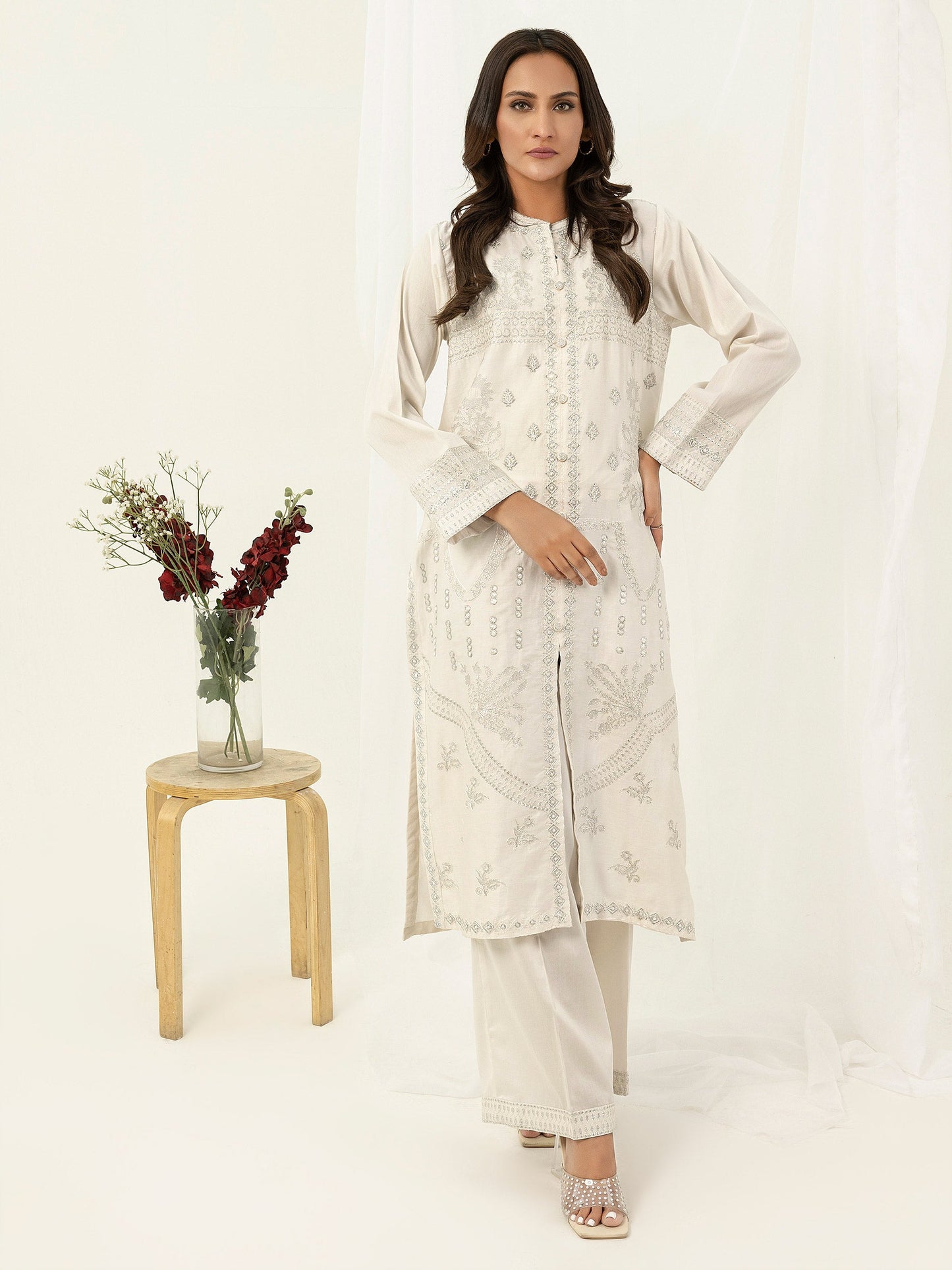 2 Piece Satin Suit-Embroidered (Pret)