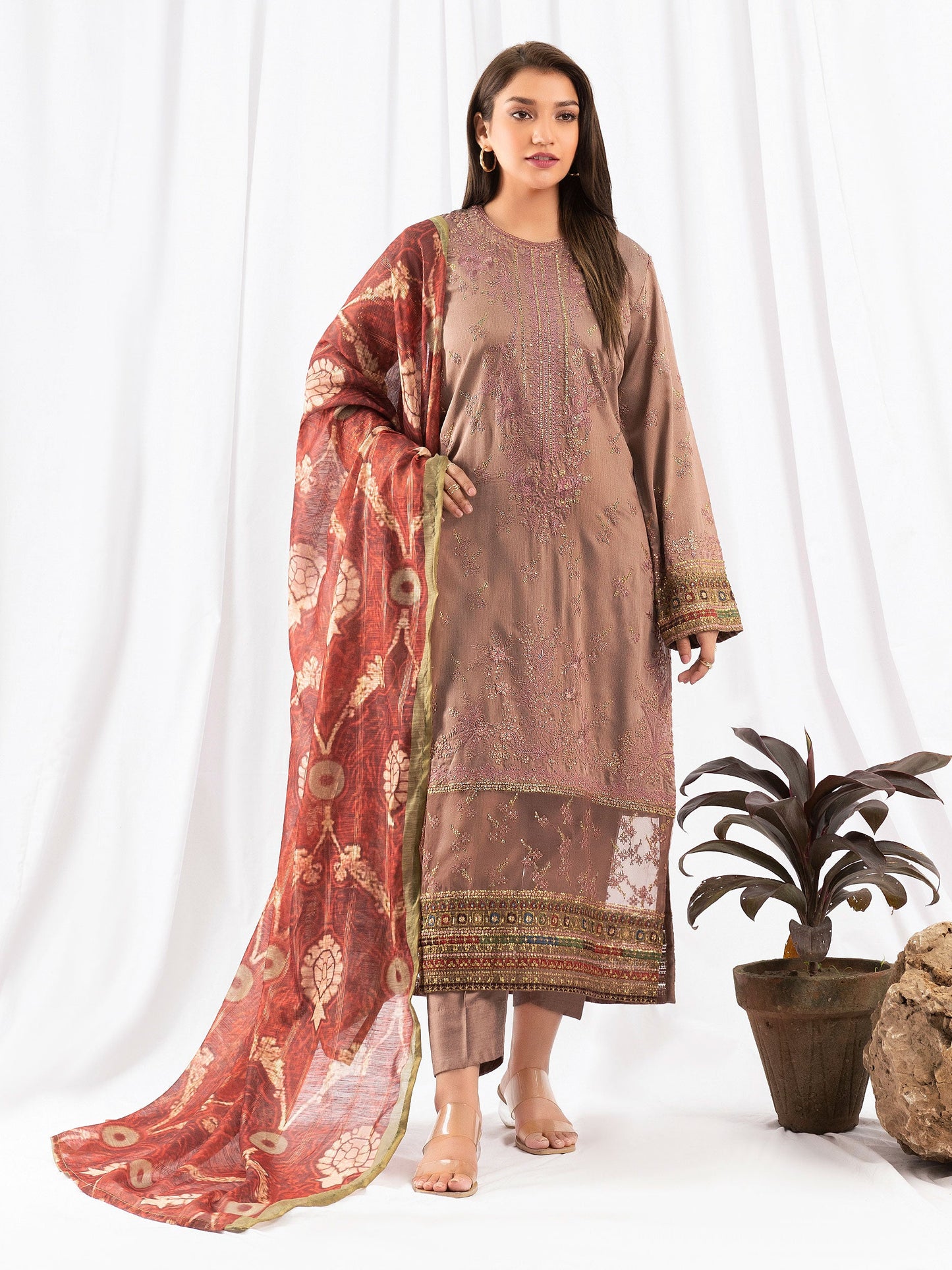 3 Piece Raw Silk Suit-Embroidered (Pret)