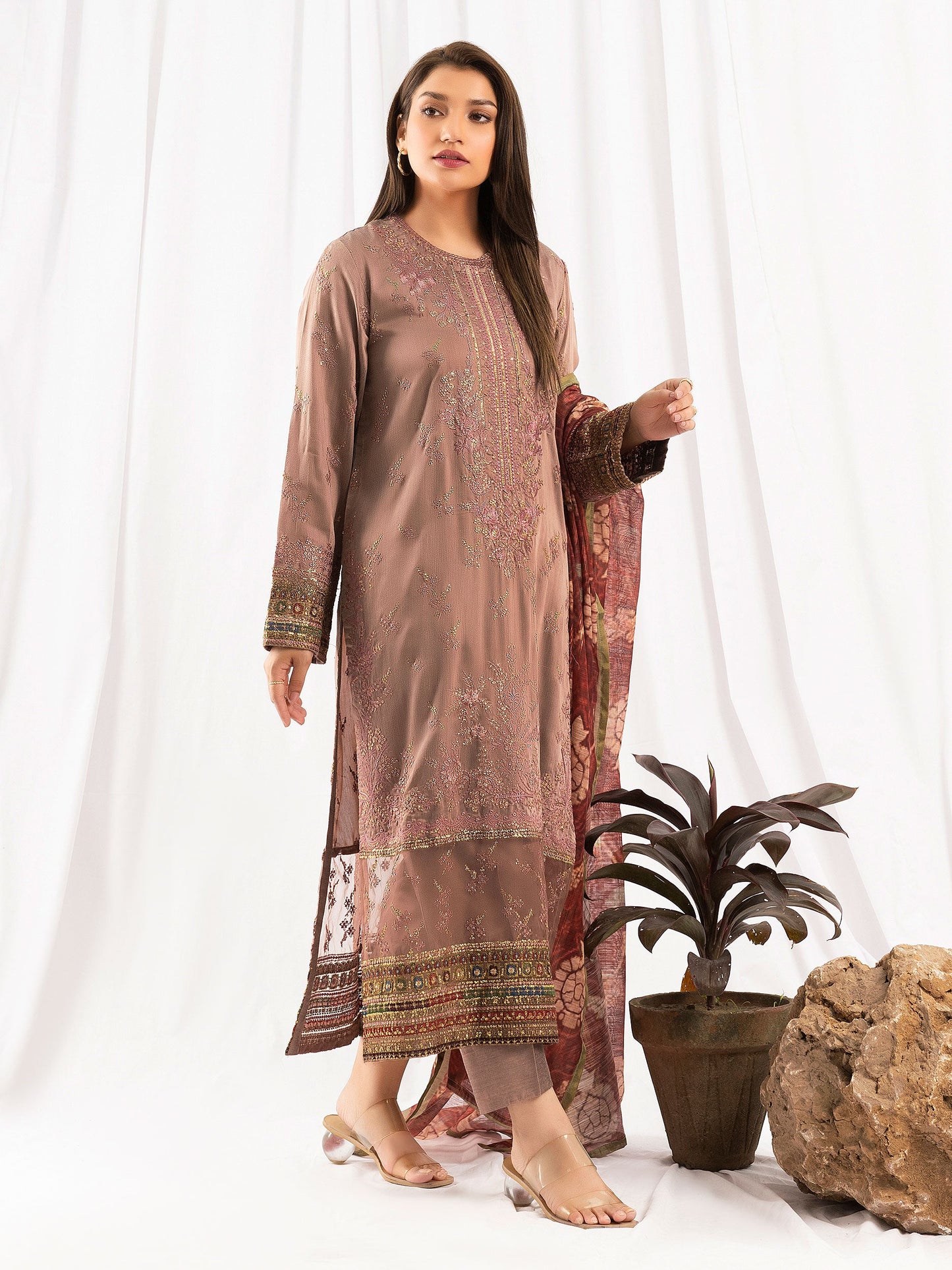 3 Piece Raw Silk Suit-Embroidered (Pret)