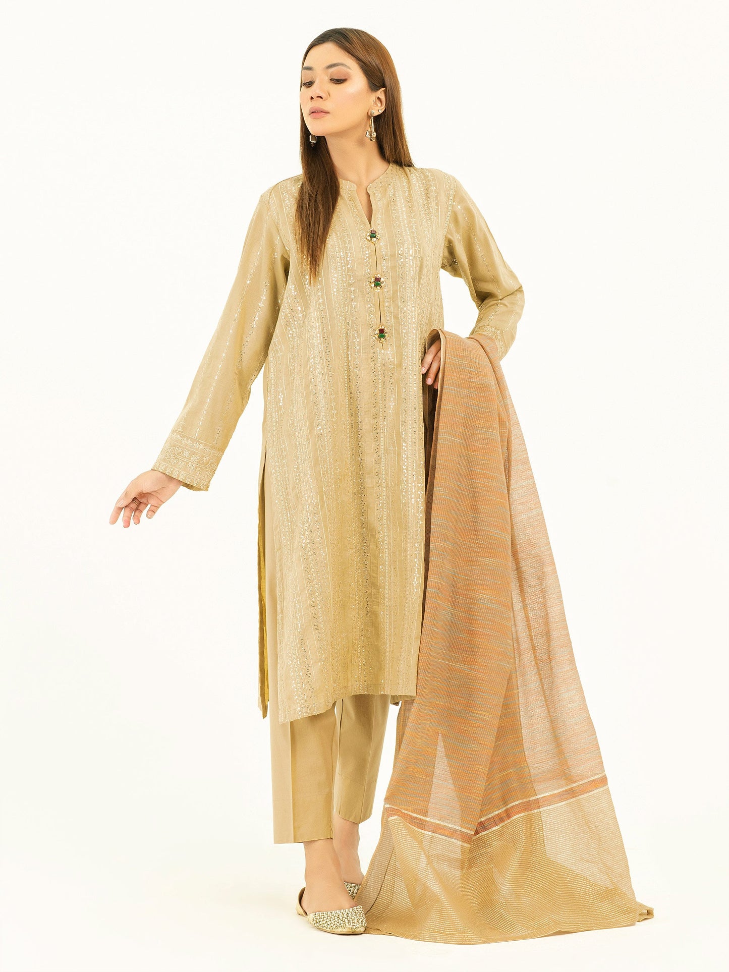 3 Piece Jacquard Suit-Embroidered (Pret)