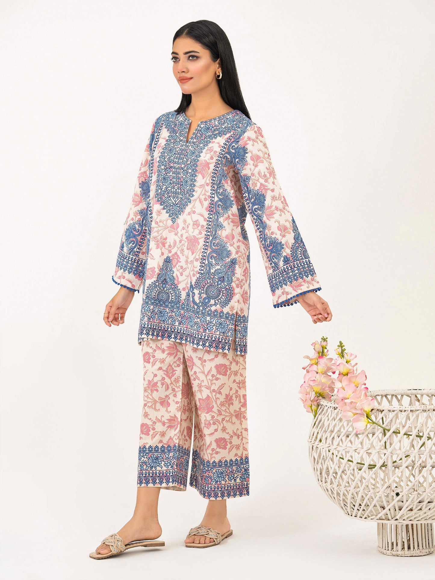 2 Piece Cambric Suit-Paste Print (Pret)